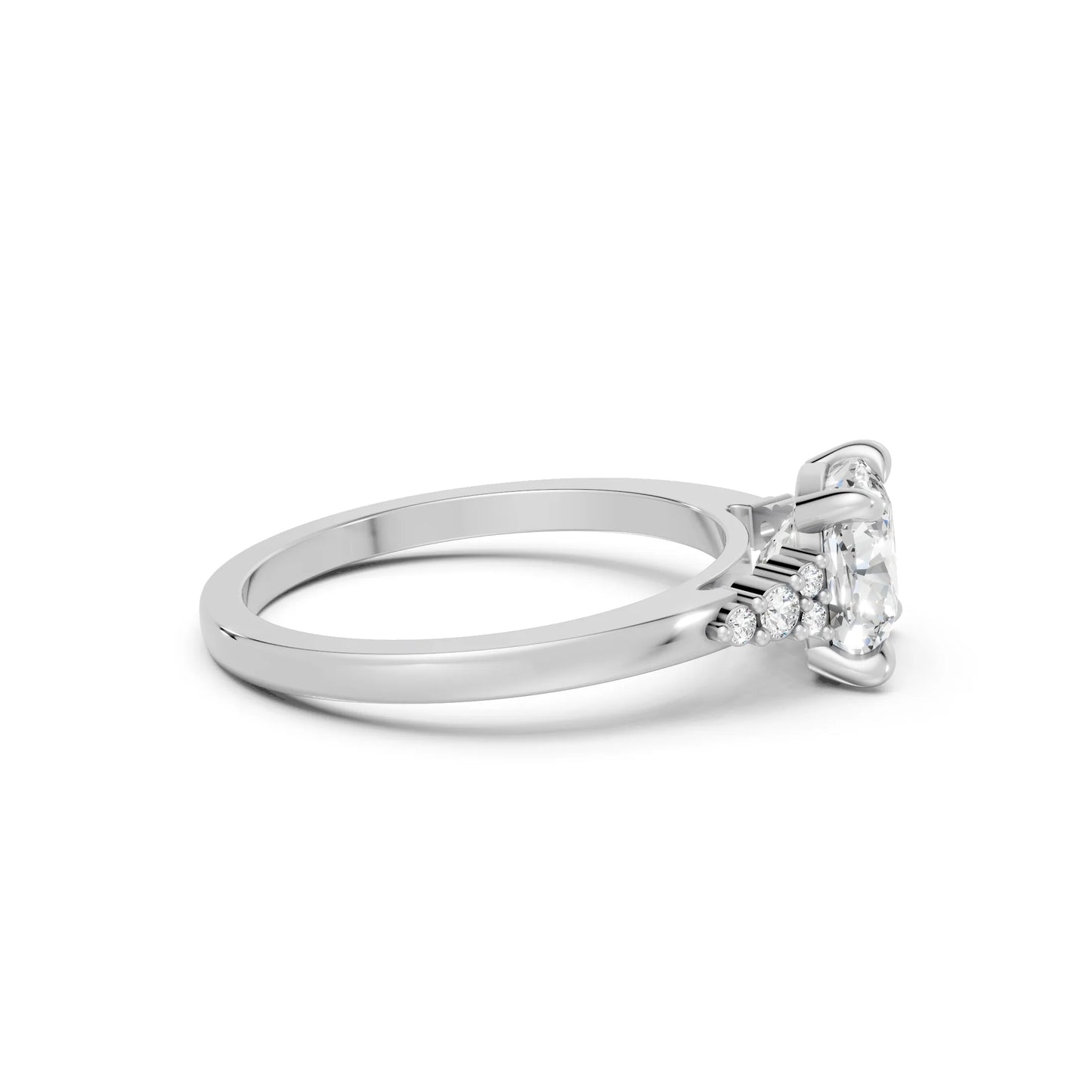 14K Gold Cushion Cut Diamond Side Cluster Cathedral Engagement Ring