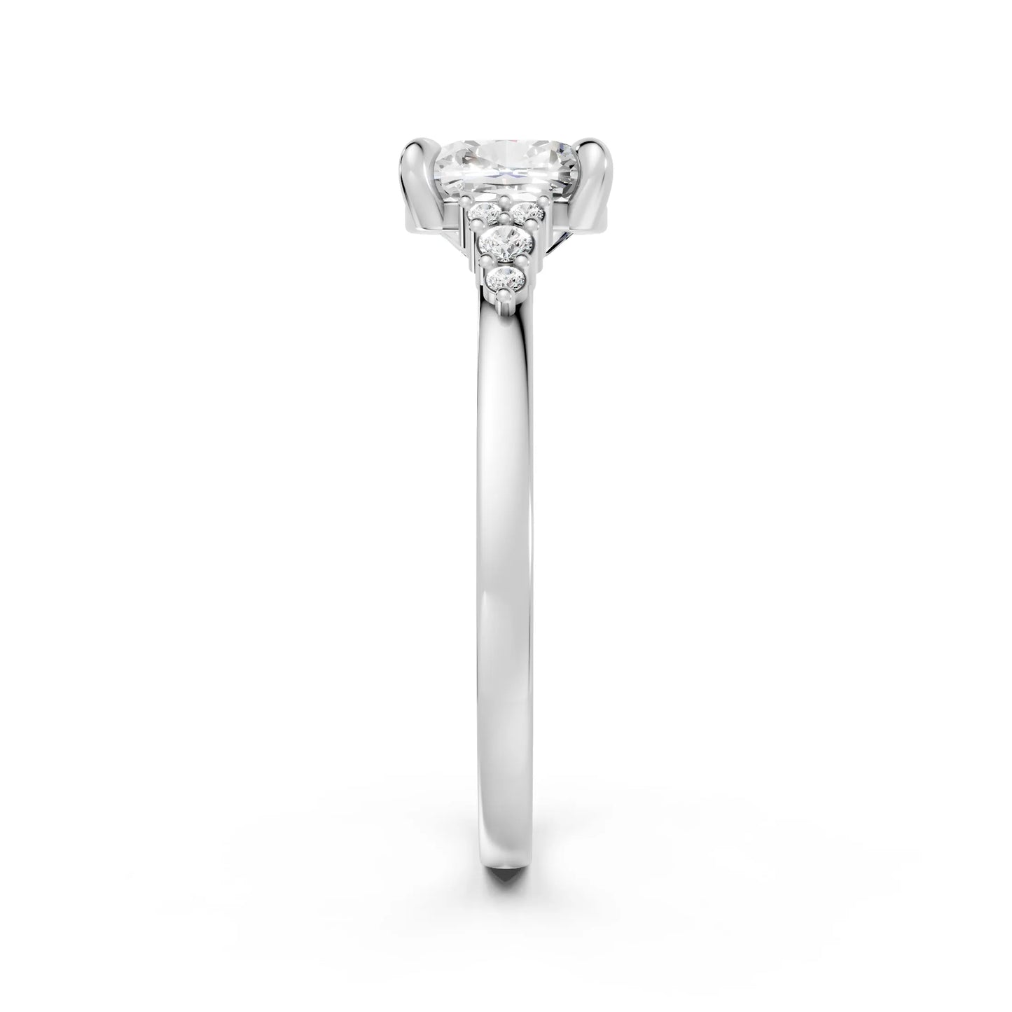 14K Gold Cushion Cut Diamond Side Cluster Cathedral Engagement Ring