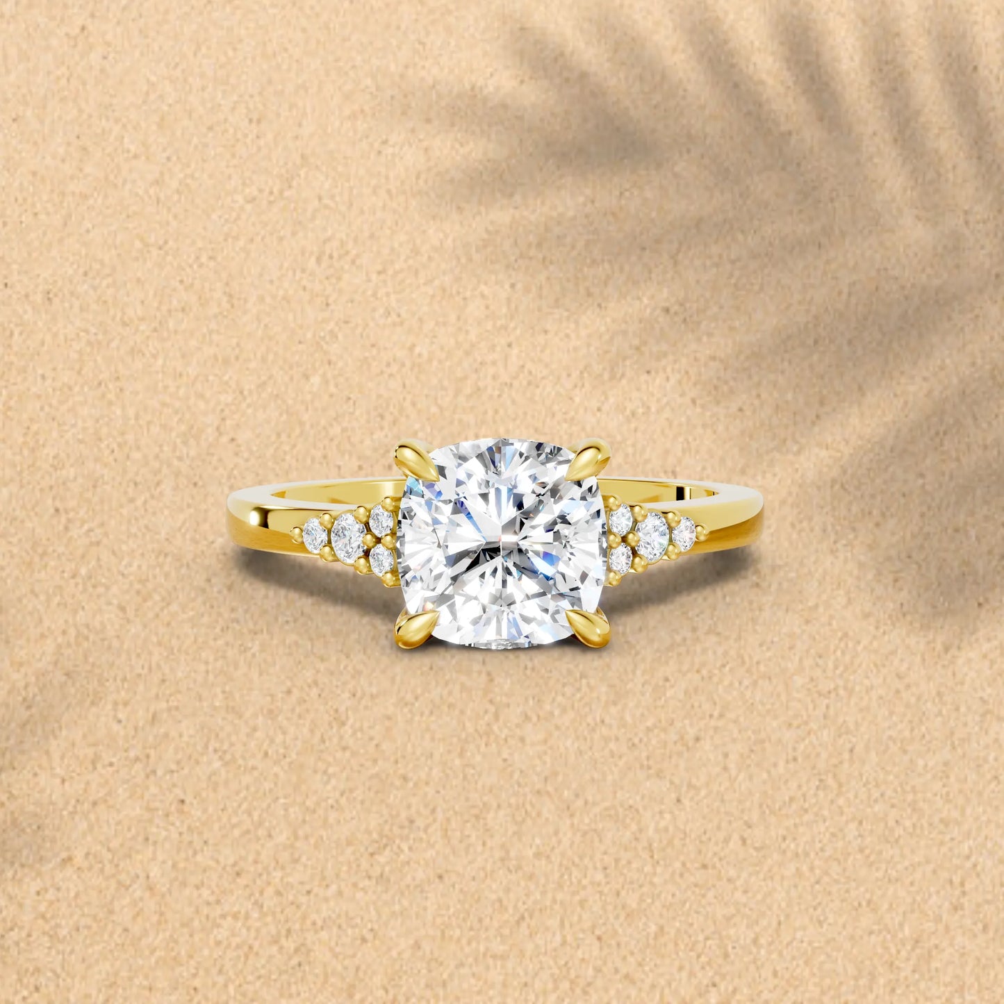 14K Gold Cushion Cut Diamond Side Cluster Cathedral Engagement Ring