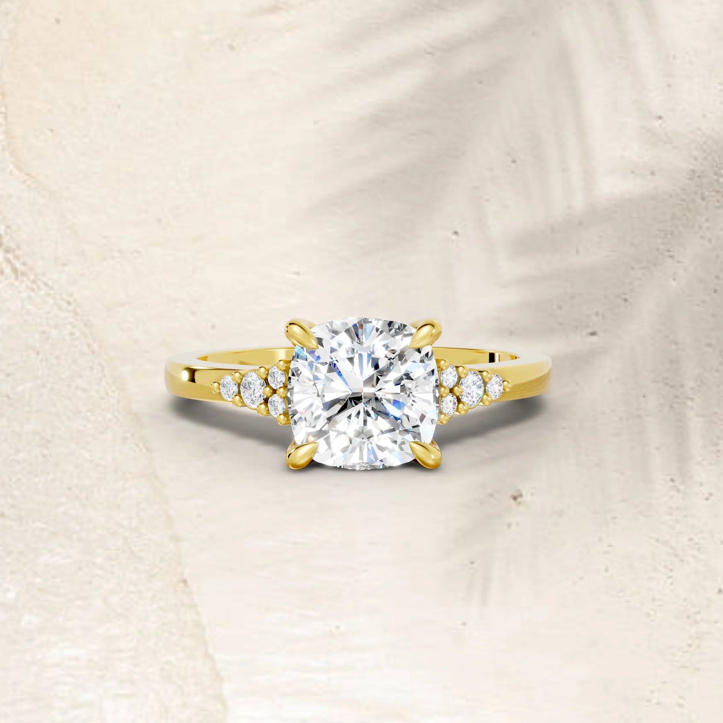 14K Gold Cushion Cut Diamond Side Cluster Cathedral Engagement Ring