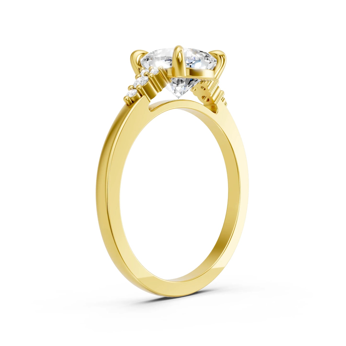14K Gold Cushion Cut Diamond Side Cluster Cathedral Engagement Ring