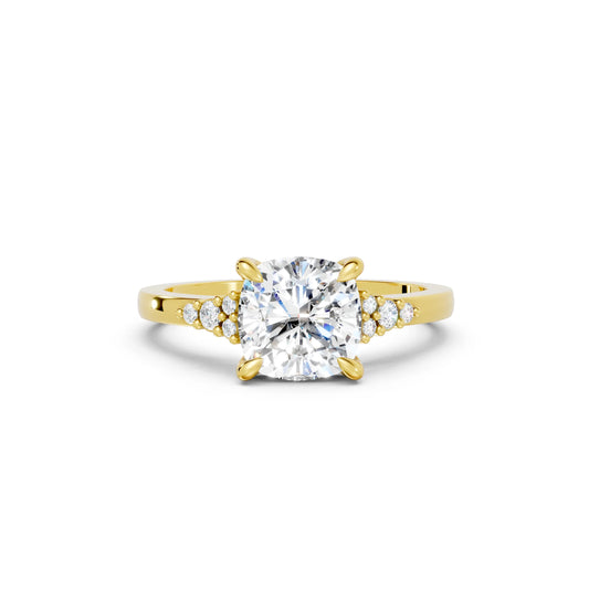 14K Gold Cushion Cut Diamond Side Cluster Cathedral Engagement Ring