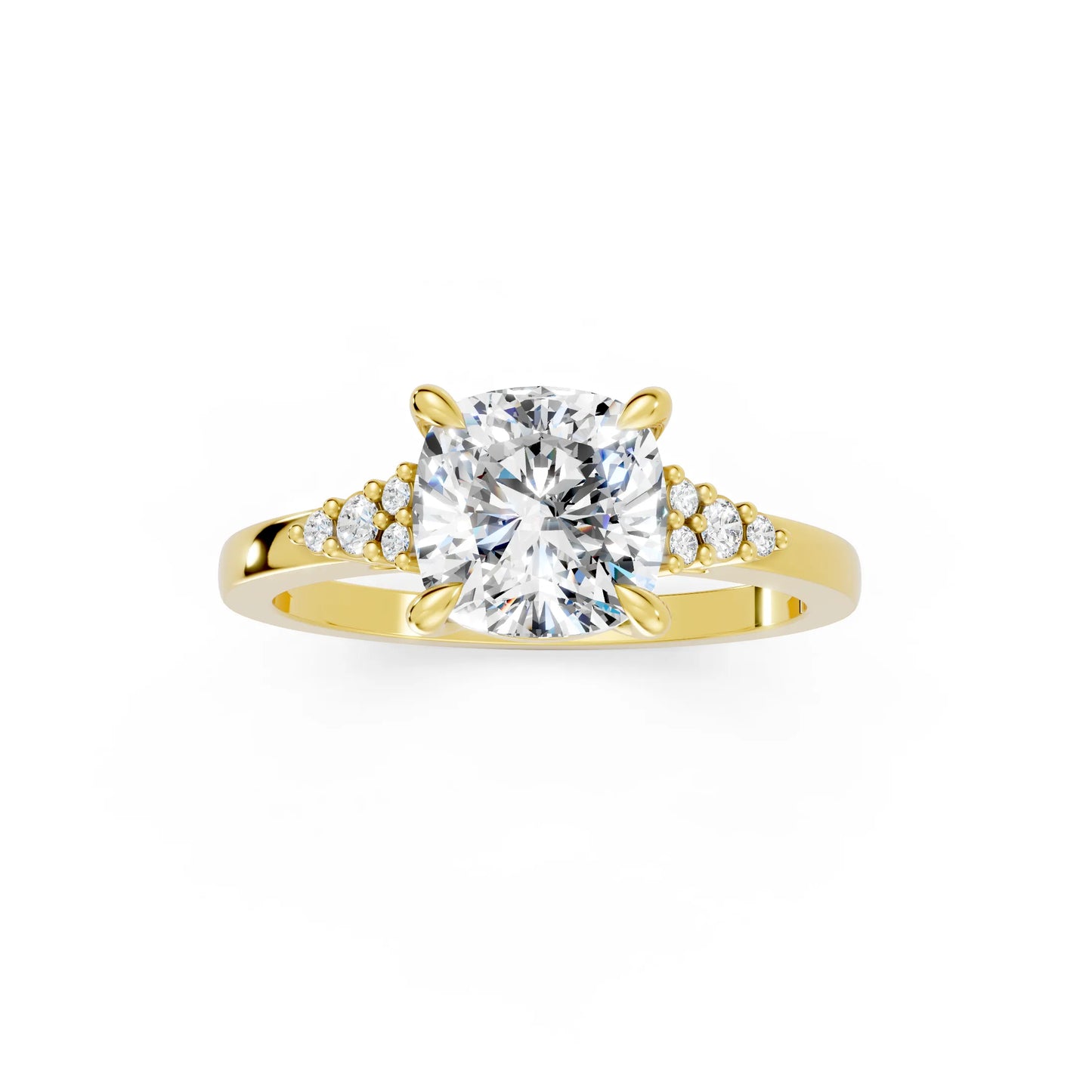 14K Gold Cushion Cut Diamond Side Cluster Cathedral Engagement Ring