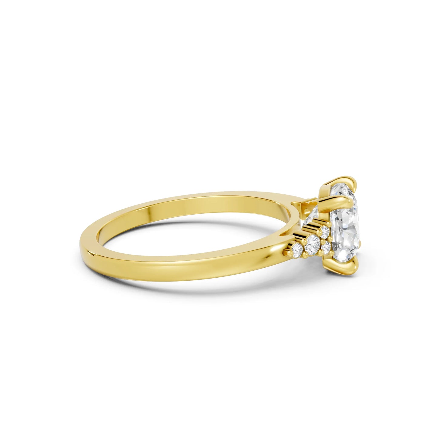 14K Gold Cushion Cut Diamond Side Cluster Cathedral Engagement Ring