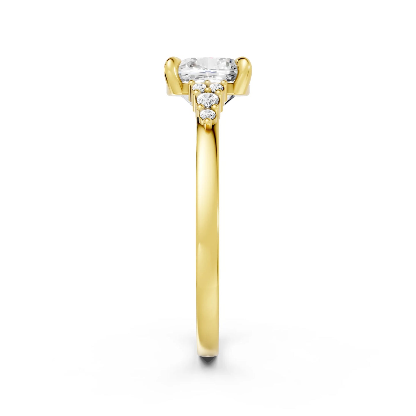 14K Gold Cushion Cut Diamond Side Cluster Cathedral Engagement Ring