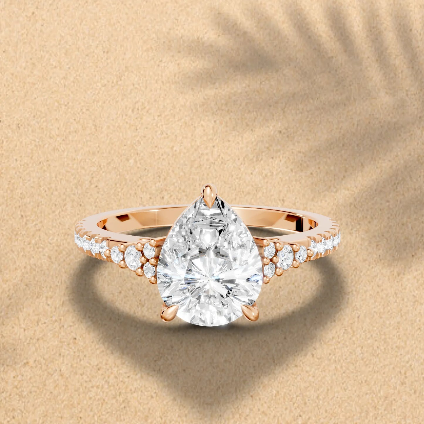 14K Gold Pear Cut Diamond Side Cluster Cathedral Engagement Ring with Side Accents
