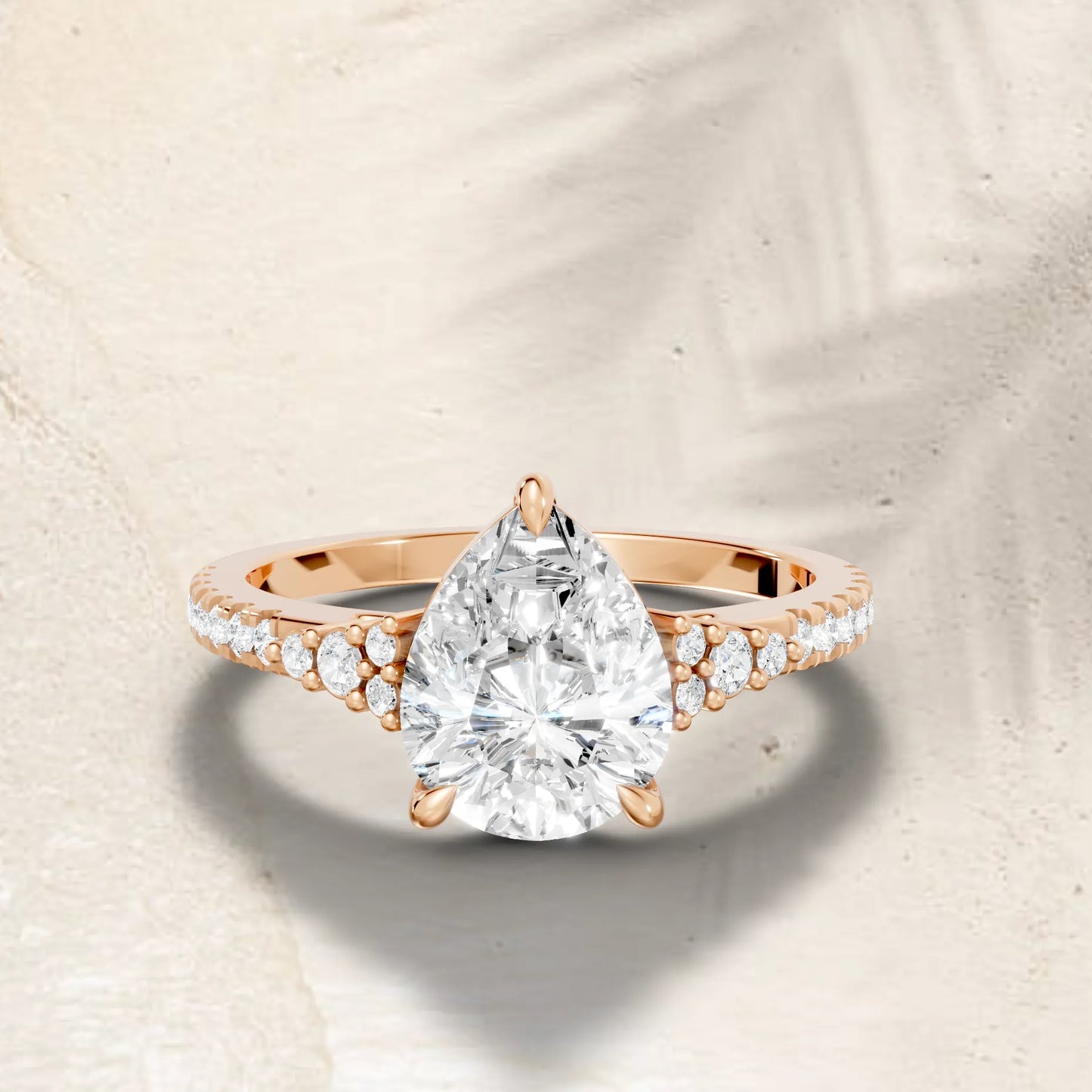 14K Gold Pear Cut Diamond Side Cluster Cathedral Engagement Ring with Side Accents