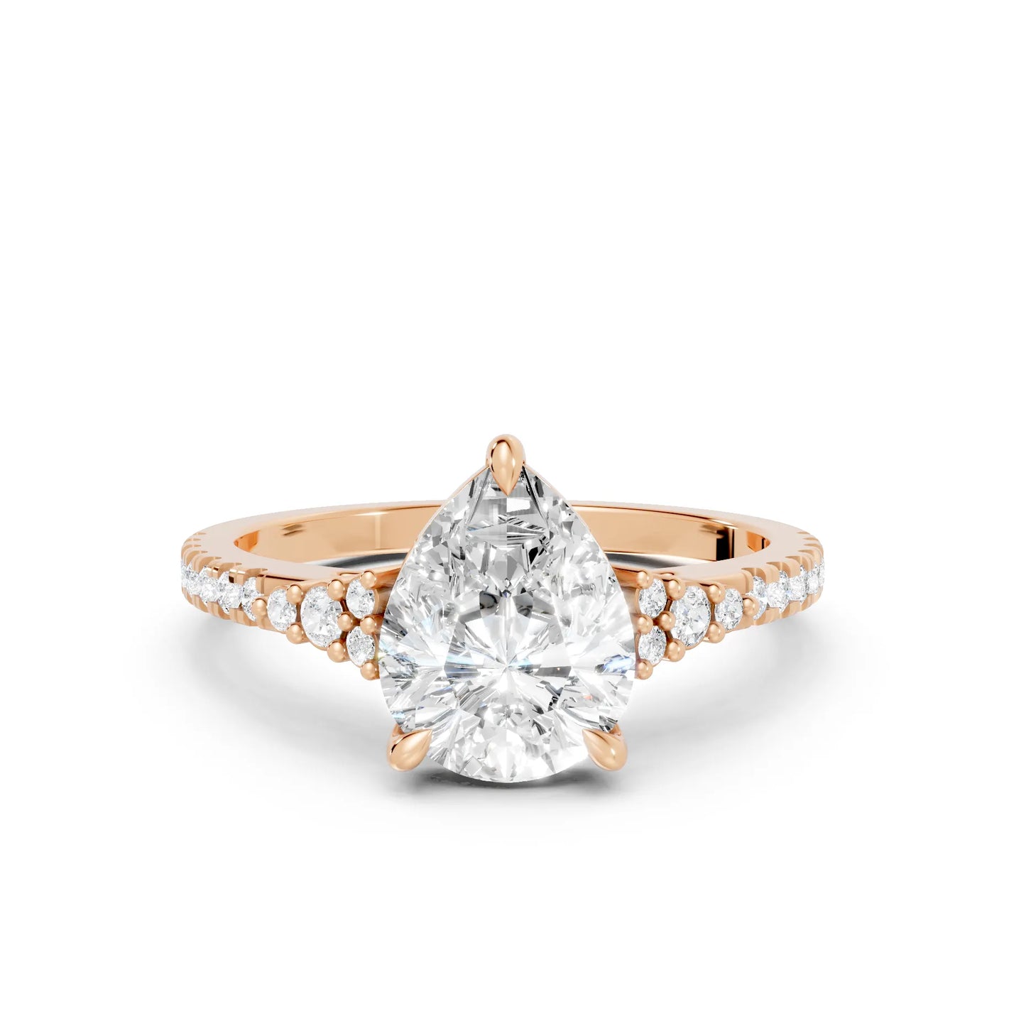 14K Gold Pear Cut Diamond Side Cluster Cathedral Engagement Ring with Side Accents