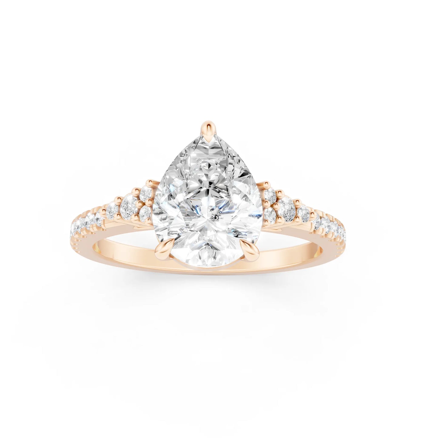 14K Gold Pear Cut Diamond Side Cluster Cathedral Engagement Ring with Side Accents