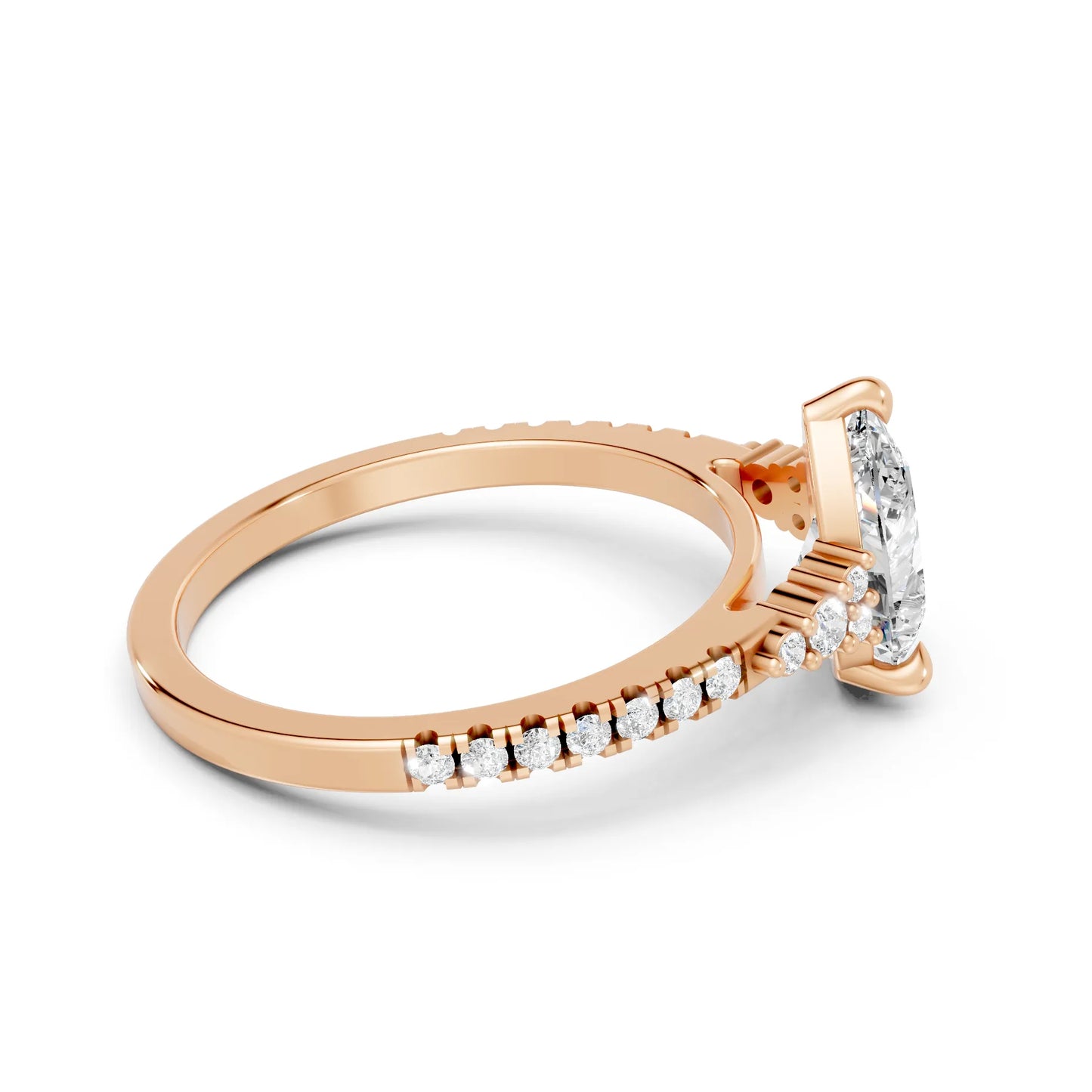 14K Gold Pear Cut Diamond Side Cluster Cathedral Engagement Ring with Side Accents