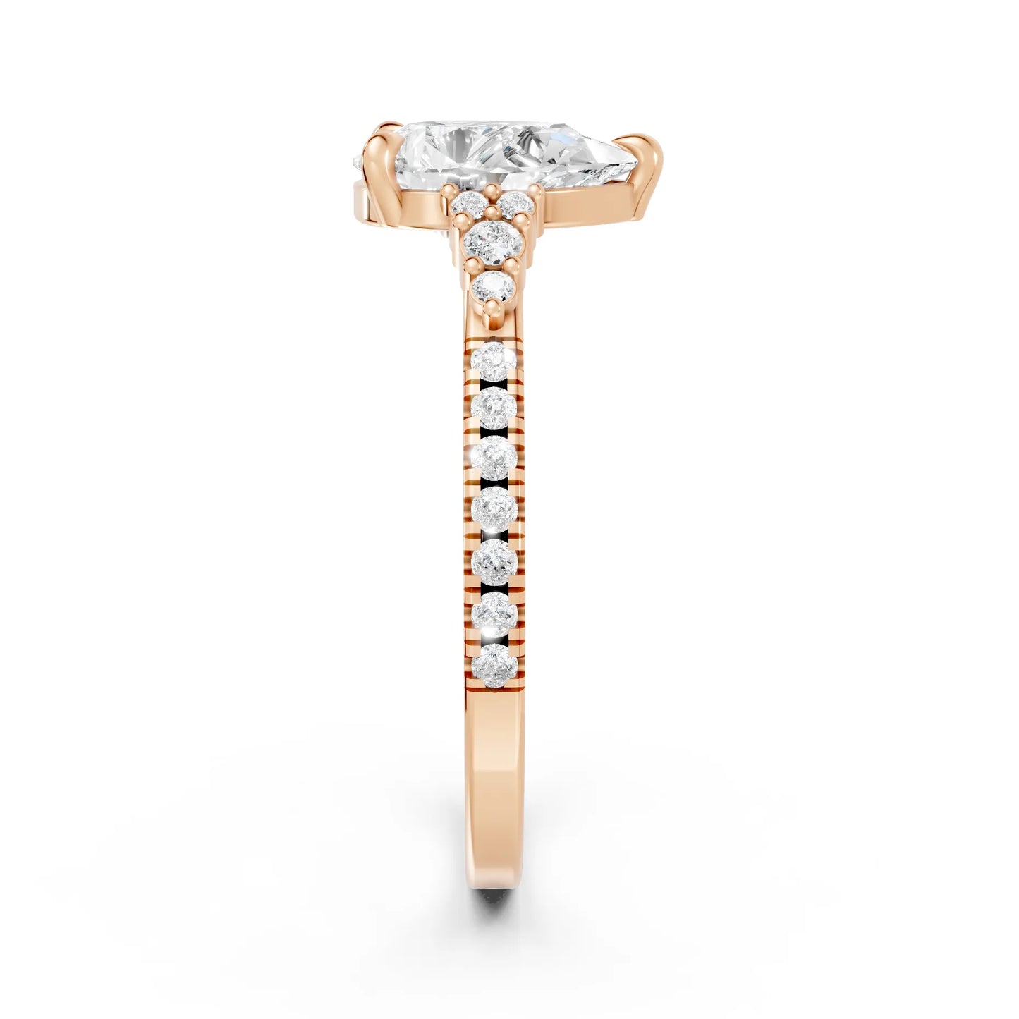 14K Gold Pear Cut Diamond Side Cluster Cathedral Engagement Ring with Side Accents