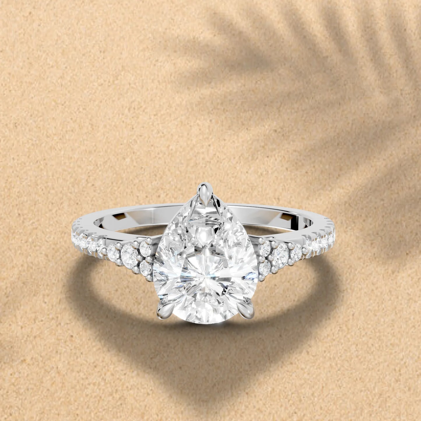 14K Gold Pear Cut Diamond Side Cluster Cathedral Engagement Ring with Side Accents