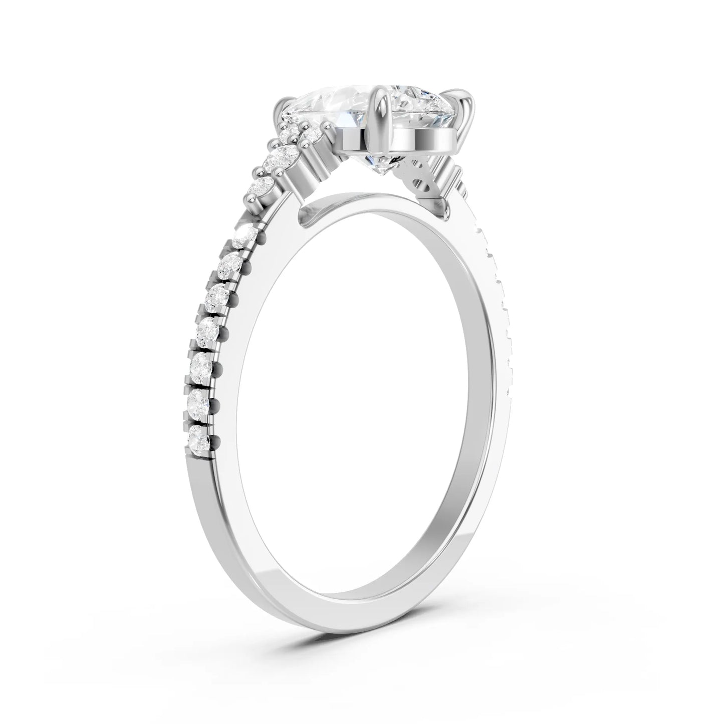 14K Gold Pear Cut Diamond Side Cluster Cathedral Engagement Ring with Side Accents