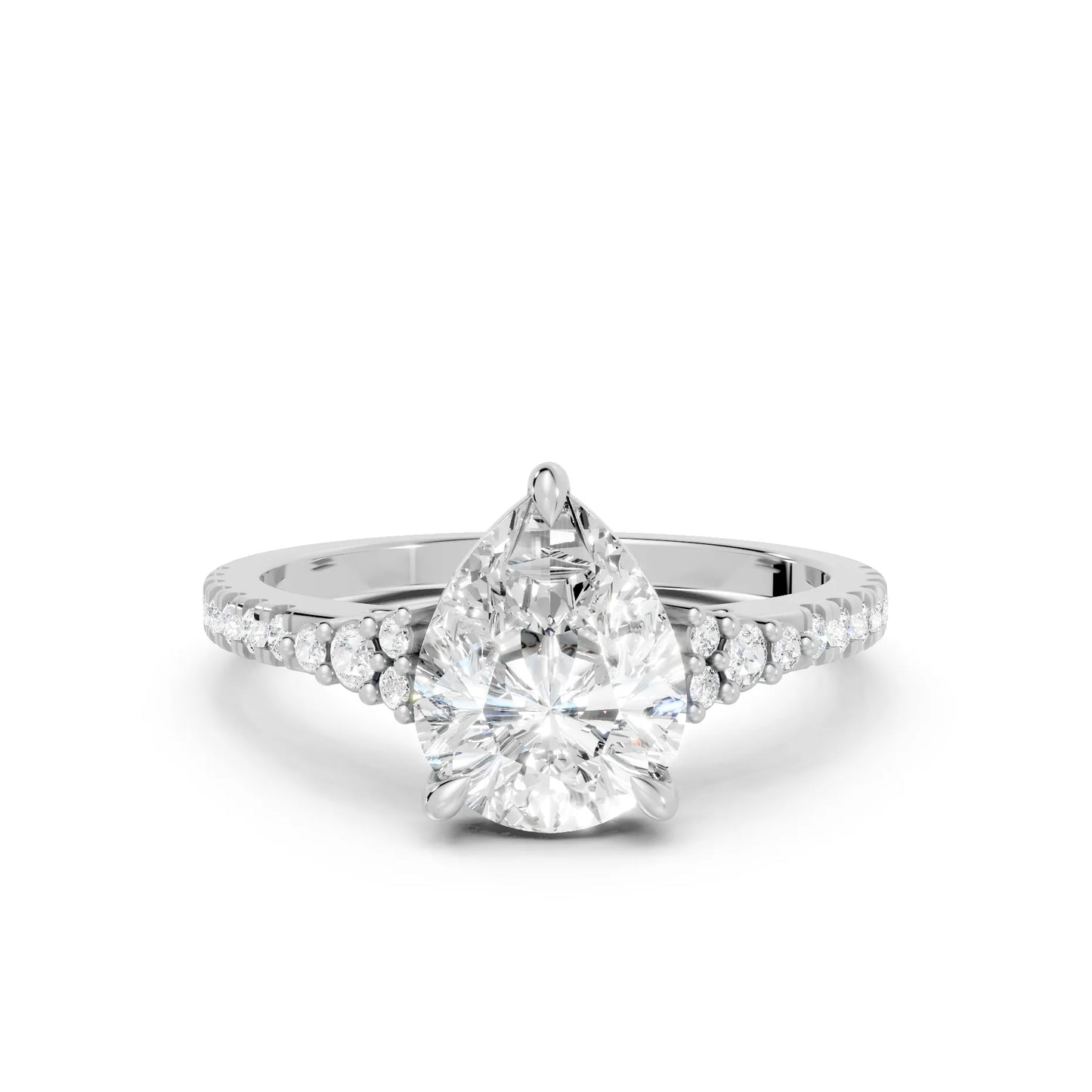 14K Gold Pear Cut Diamond Side Cluster Cathedral Engagement Ring with Side Accents