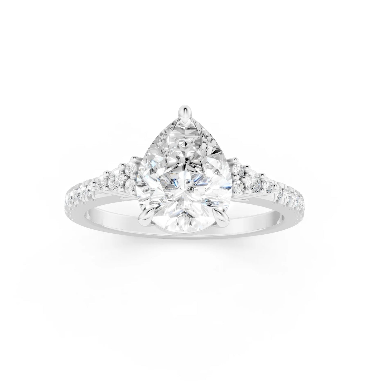 14K Gold Pear Cut Diamond Side Cluster Cathedral Engagement Ring with Side Accents