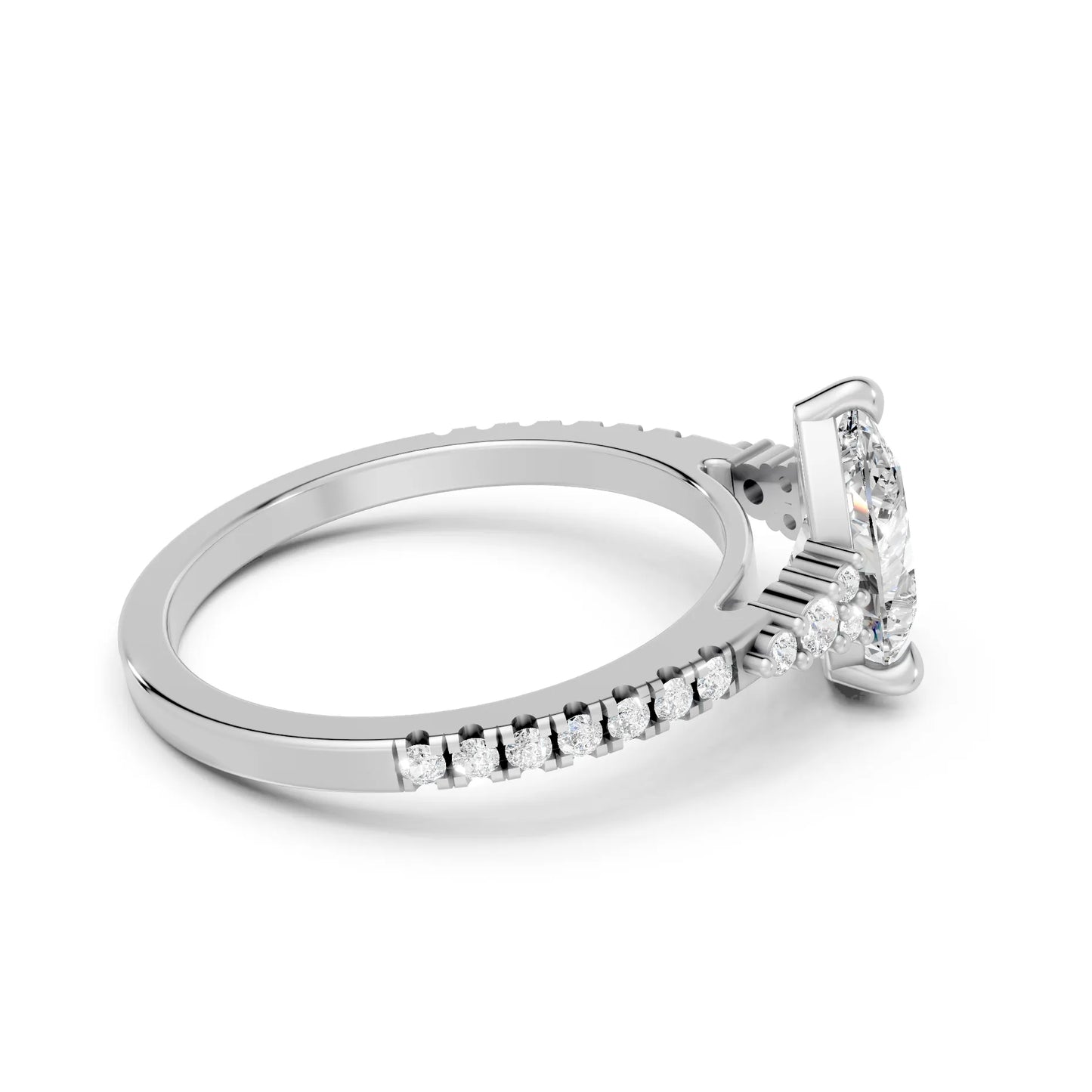 14K Gold Pear Cut Diamond Side Cluster Cathedral Engagement Ring with Side Accents