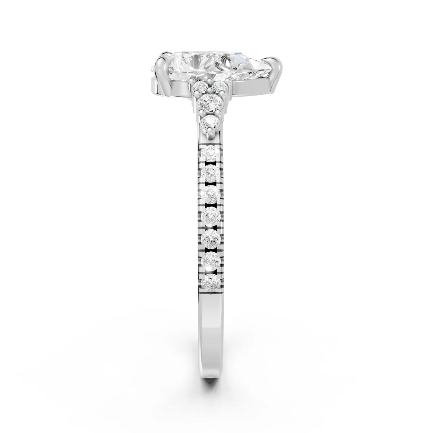14K Gold Pear Cut Diamond Side Cluster Cathedral Engagement Ring with Side Accents