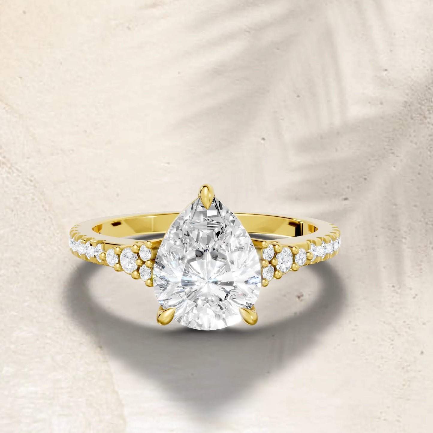 14K Gold Pear Cut Diamond Side Cluster Cathedral Engagement Ring with Side Accents