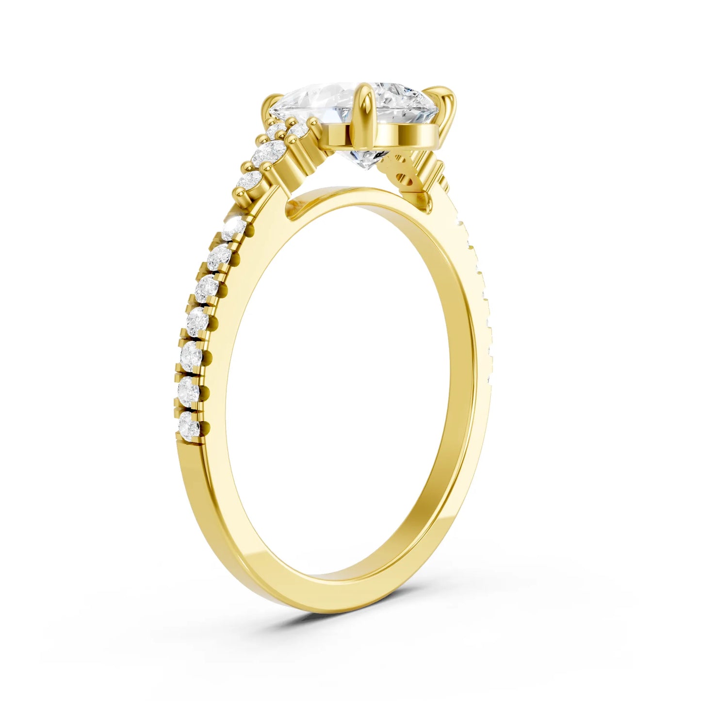 14K Gold Pear Cut Diamond Side Cluster Cathedral Engagement Ring with Side Accents