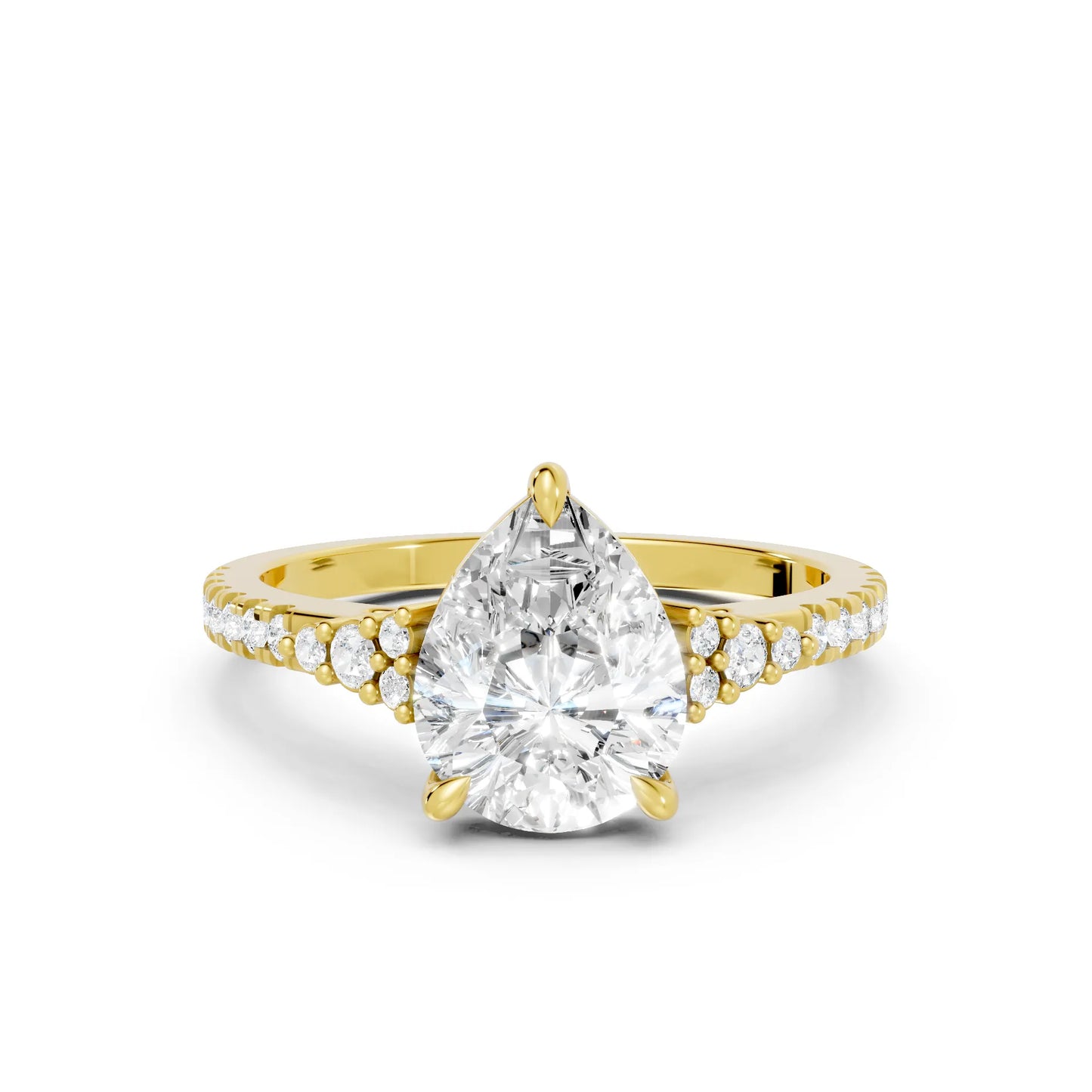 14K Gold Pear Cut Diamond Side Cluster Cathedral Engagement Ring with Side Accents