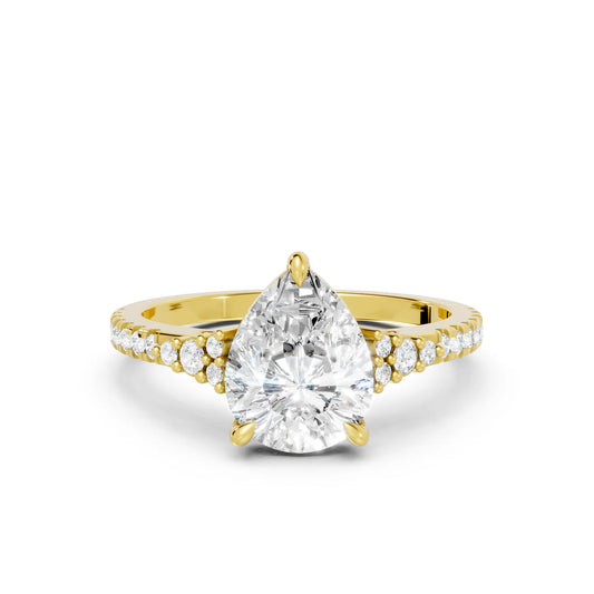 14K Gold Pear Cut Diamond Side Cluster Cathedral Engagement Ring with Side Accents