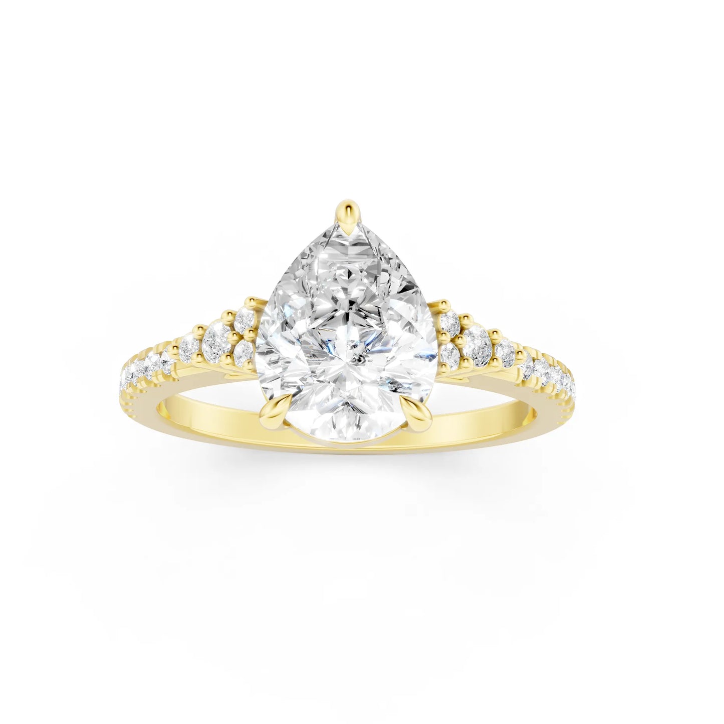 14K Gold Pear Cut Diamond Side Cluster Cathedral Engagement Ring with Side Accents