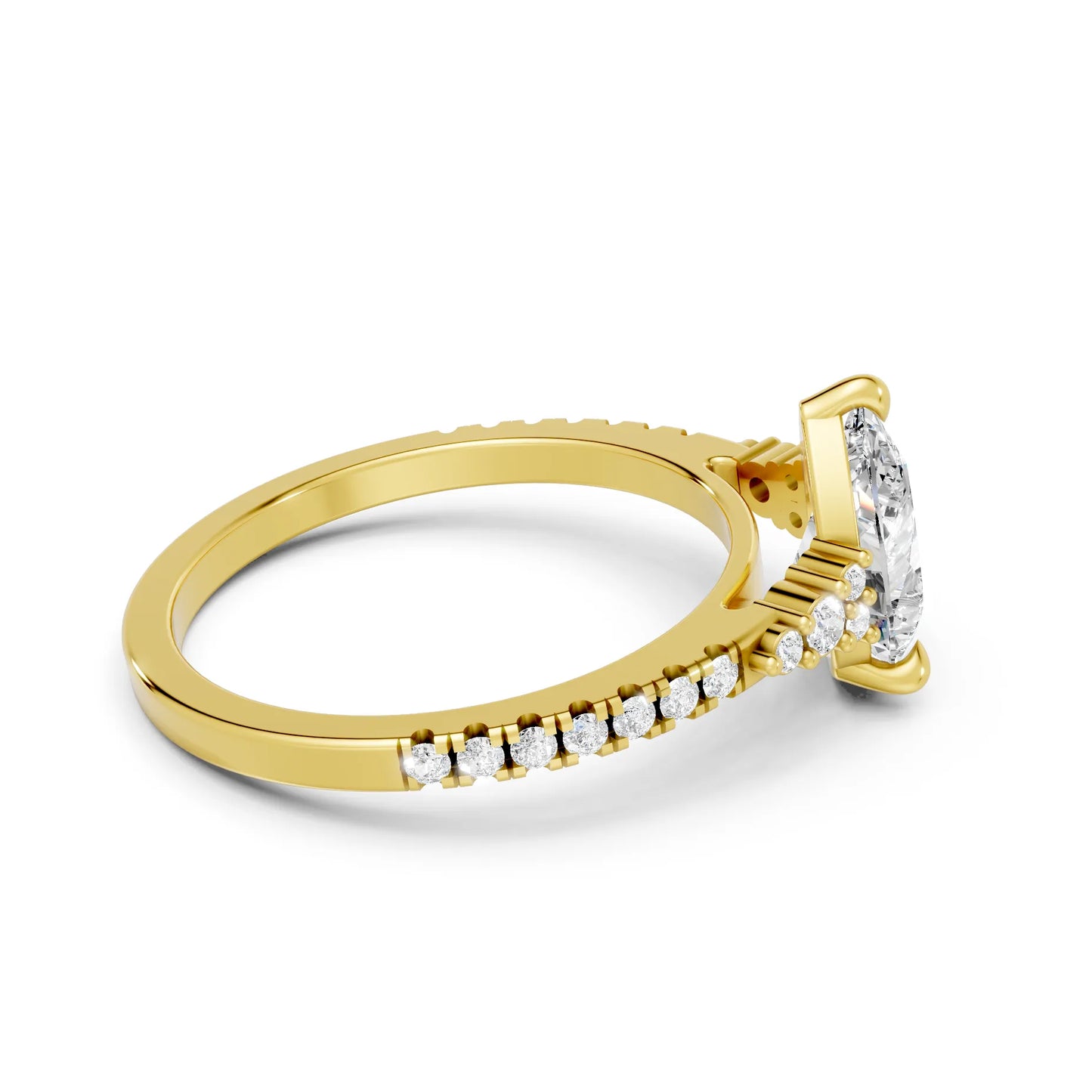 14K Gold Pear Cut Diamond Side Cluster Cathedral Engagement Ring with Side Accents