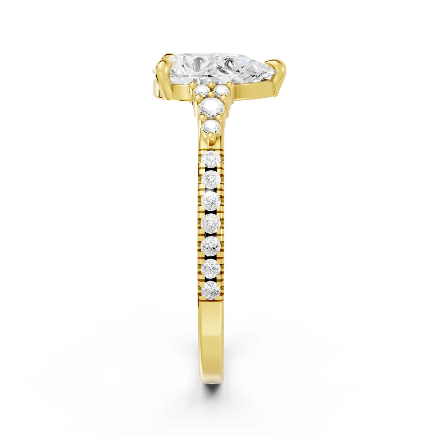 14K Gold Pear Cut Diamond Side Cluster Cathedral Engagement Ring with Side Accents