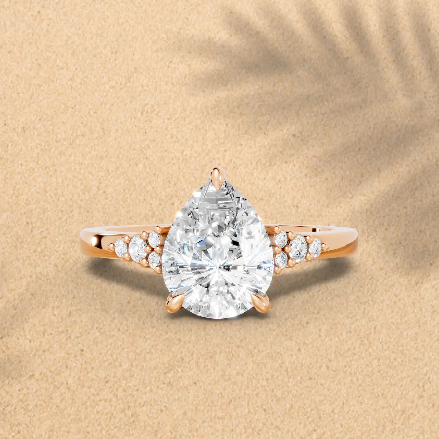 14K Gold Pear Cut Diamond Side Cluster Cathedral Engagement Ring