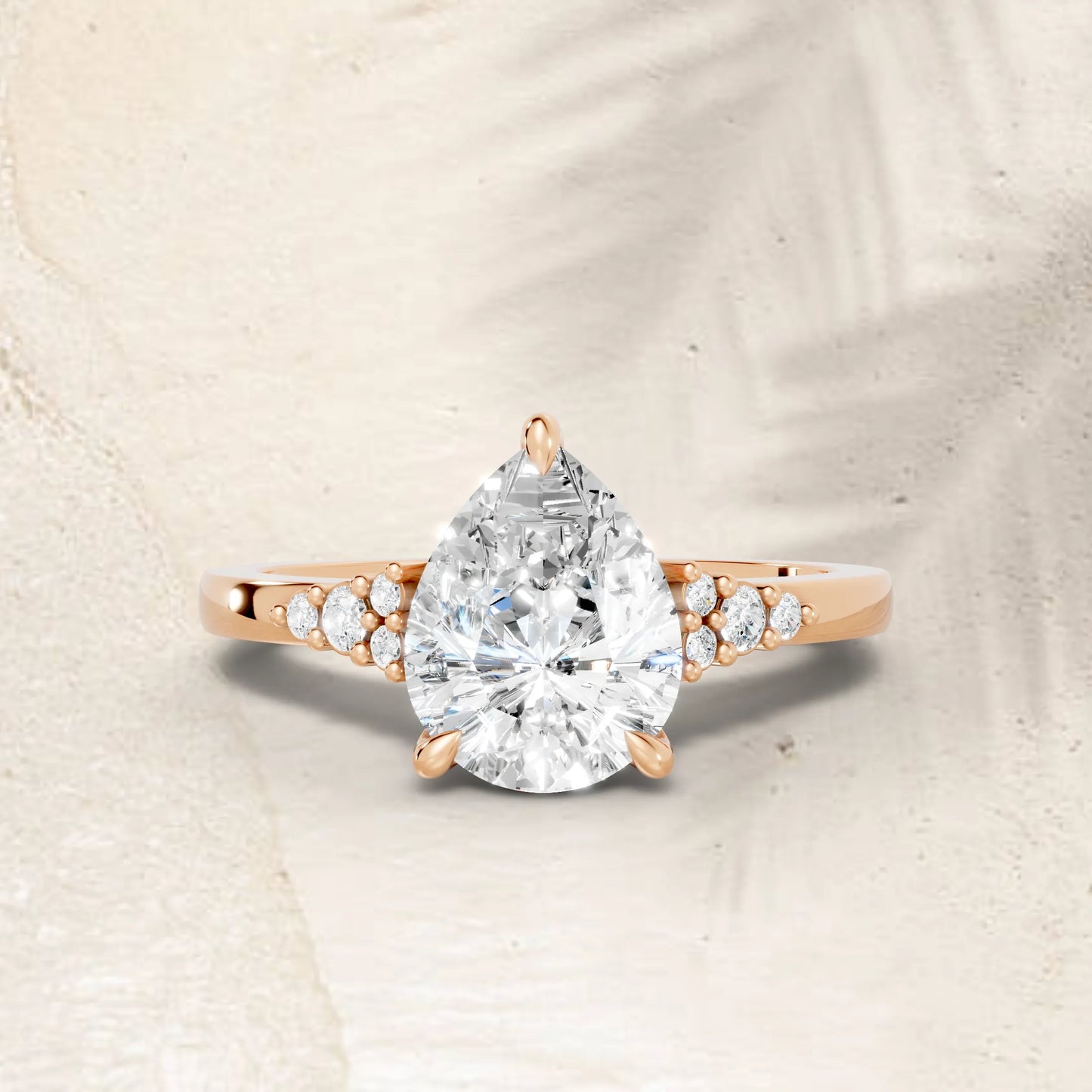 14K Gold Pear Cut Diamond Side Cluster Cathedral Engagement Ring