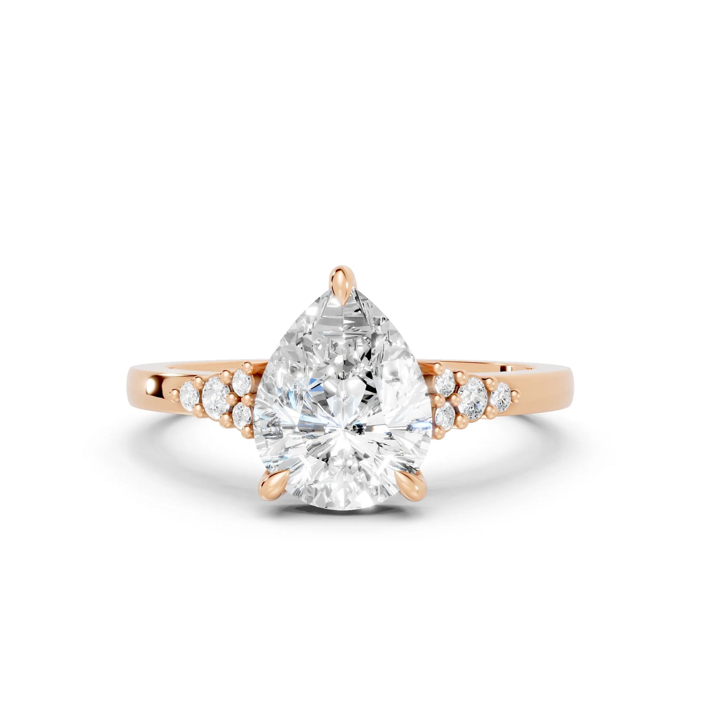 14K Gold Pear Cut Diamond Side Cluster Cathedral Engagement Ring
