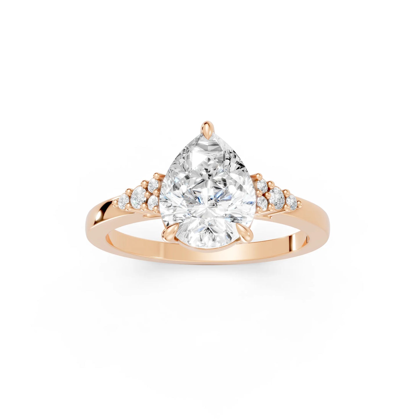14K Gold Pear Cut Diamond Side Cluster Cathedral Engagement Ring