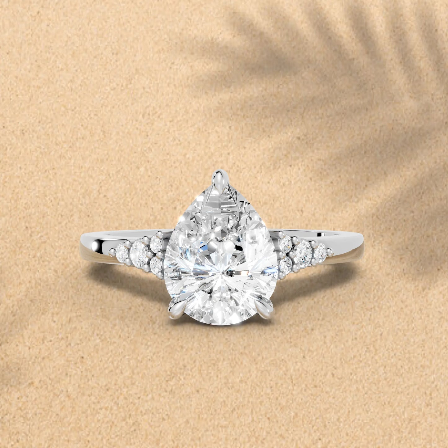 14K Gold Pear Cut Diamond Side Cluster Cathedral Engagement Ring