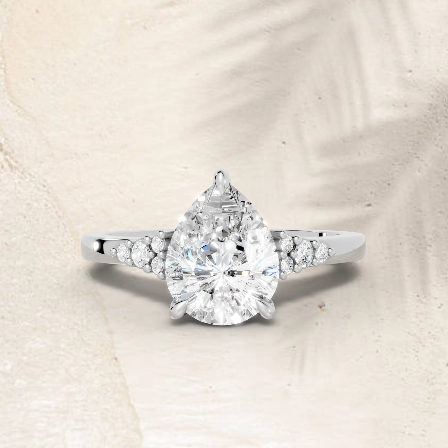 14K Gold Pear Cut Diamond Side Cluster Cathedral Engagement Ring