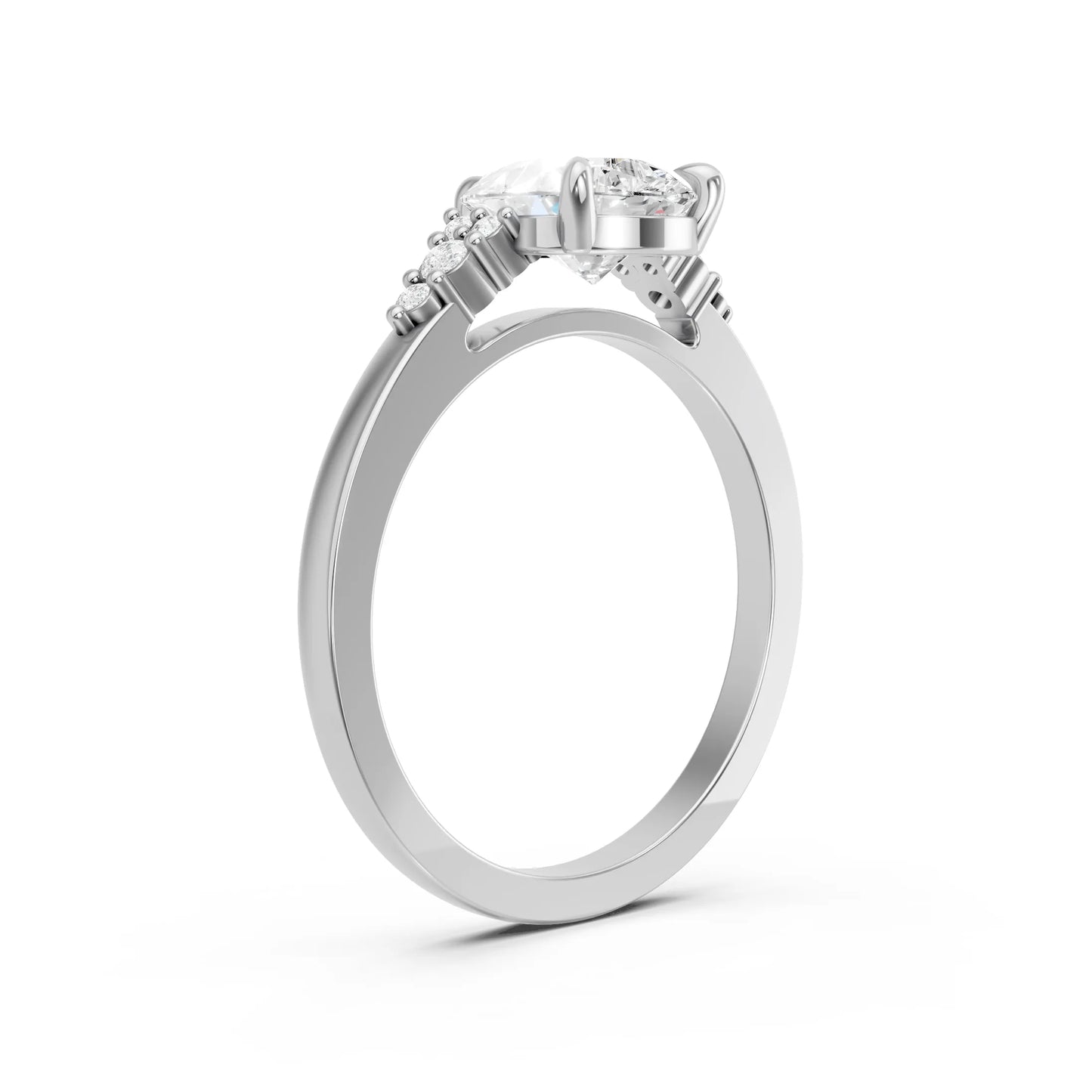 14K Gold Pear Cut Diamond Side Cluster Cathedral Engagement Ring