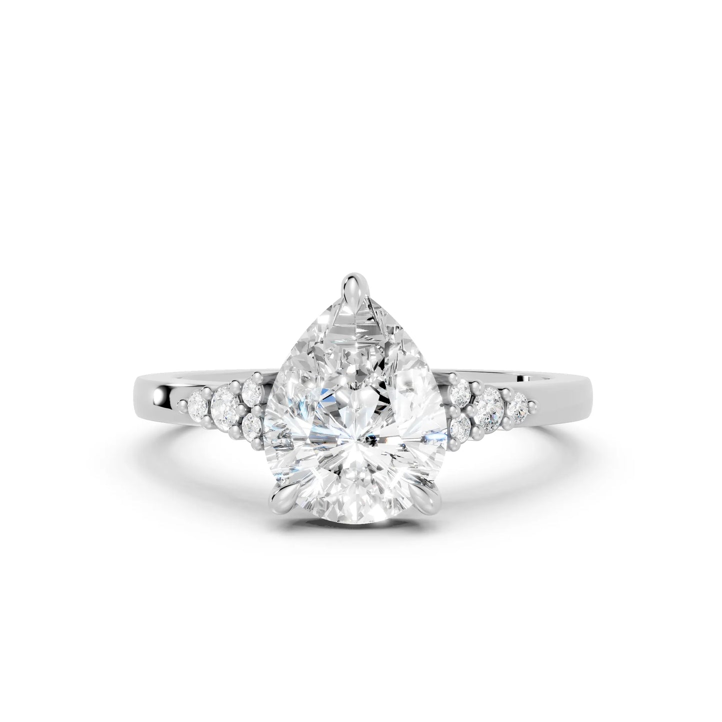 14K Gold Pear Cut Diamond Side Cluster Cathedral Engagement Ring