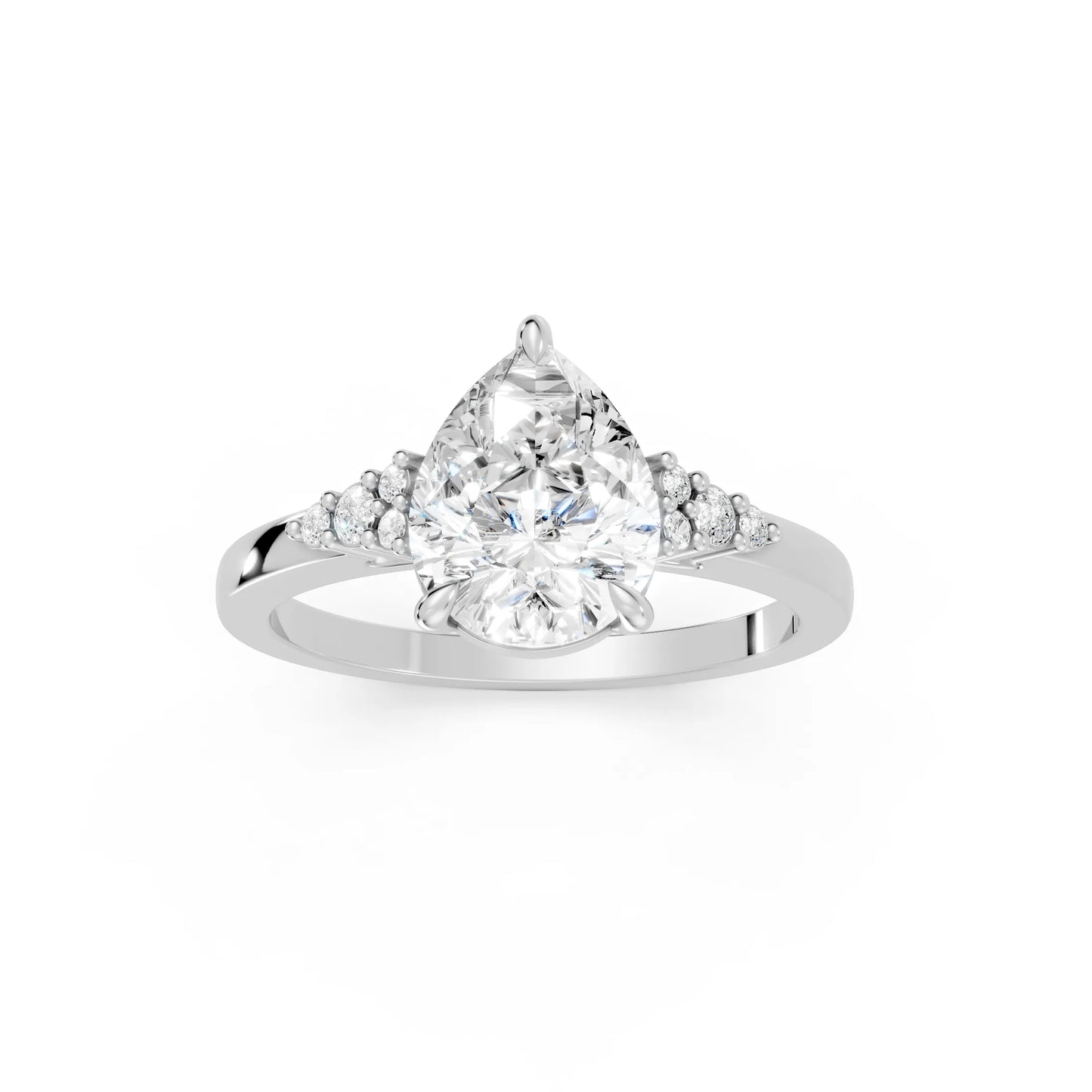 14K Gold Pear Cut Diamond Side Cluster Cathedral Engagement Ring