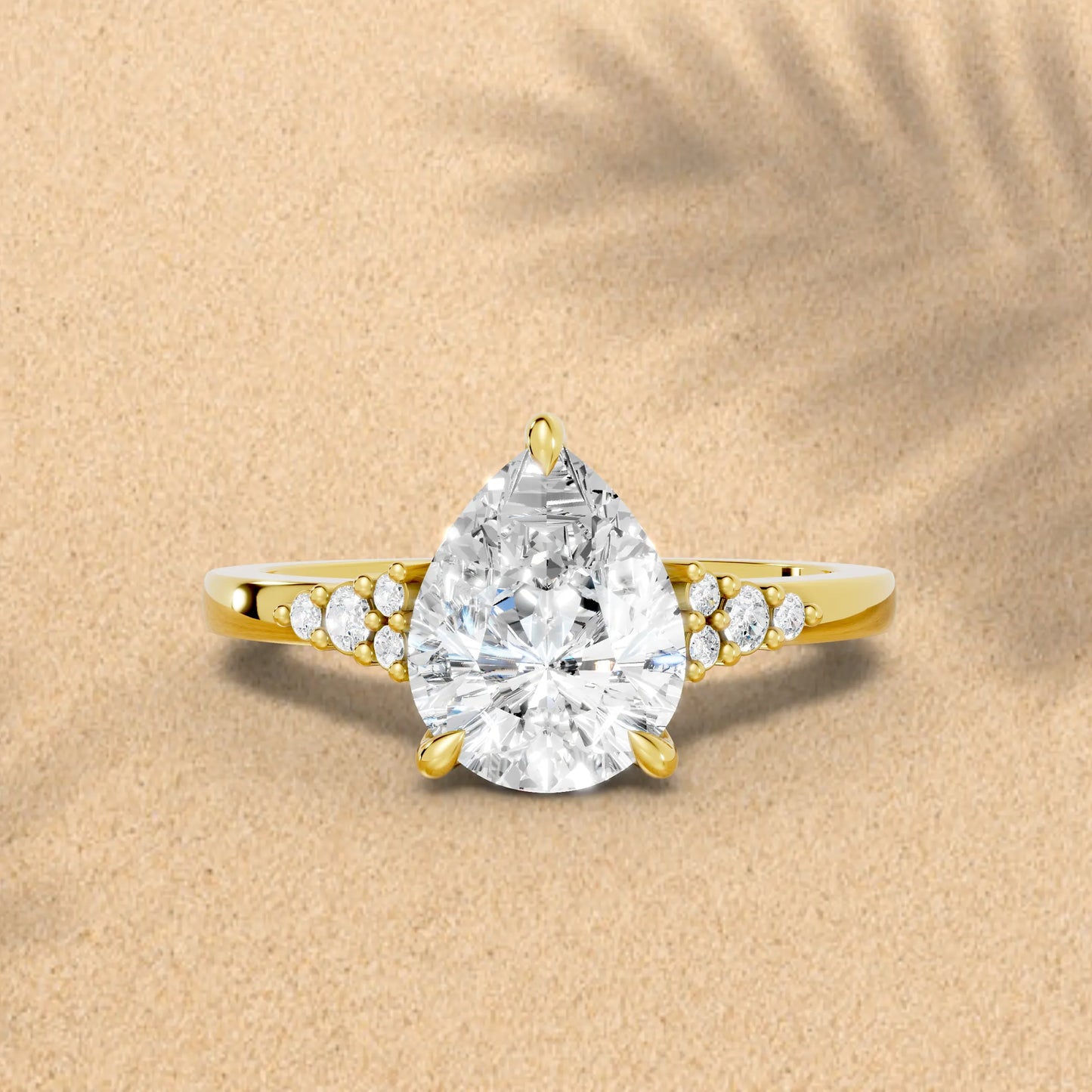 14K Gold Pear Cut Diamond Side Cluster Cathedral Engagement Ring