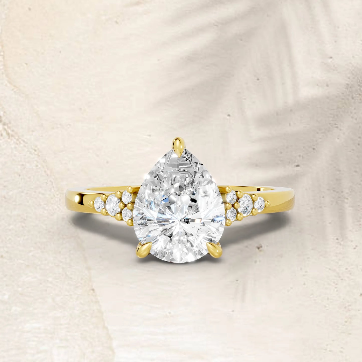 14K Gold Pear Cut Diamond Side Cluster Cathedral Engagement Ring