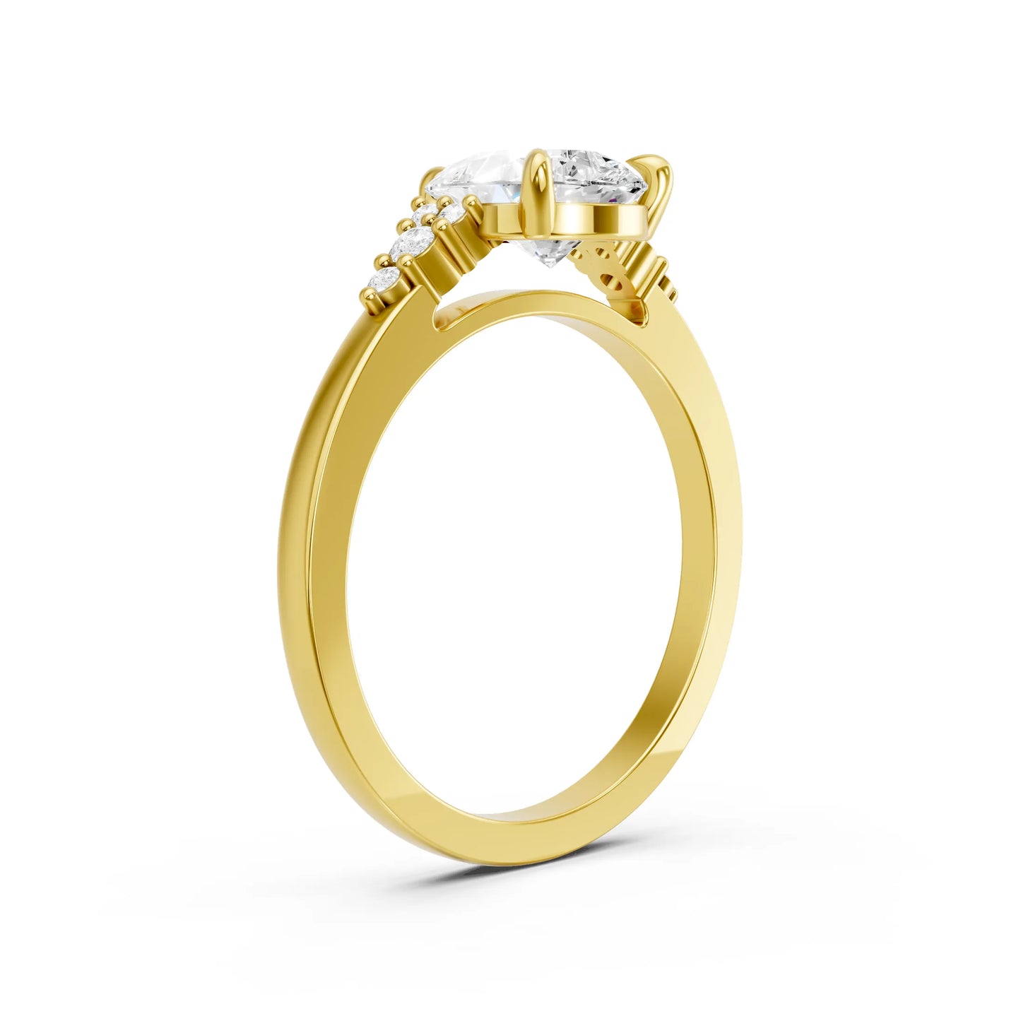 14K Gold Pear Cut Diamond Side Cluster Cathedral Engagement Ring
