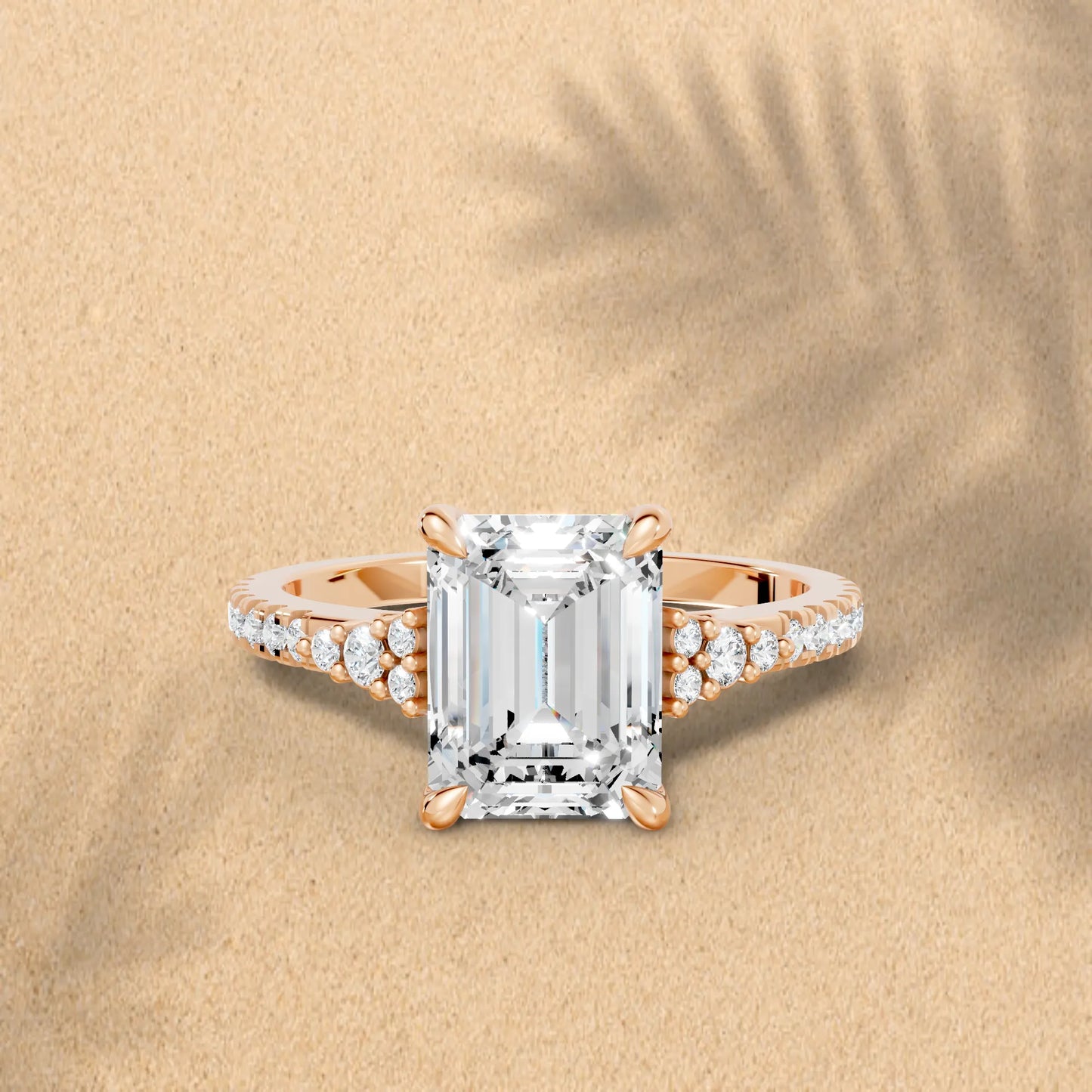 14K Gold Emerald Cut Diamond Side Cluster Cathedral Engagement Ring with Side Accents