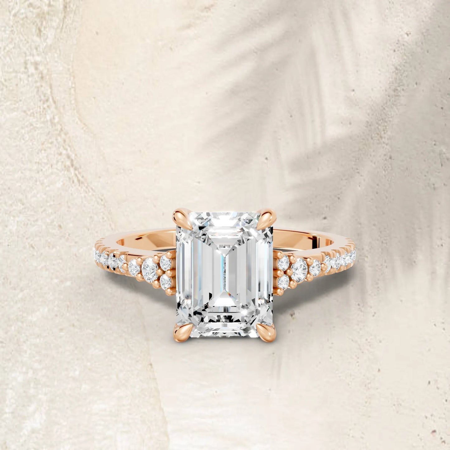 14K Gold Emerald Cut Diamond Side Cluster Cathedral Engagement Ring with Side Accents