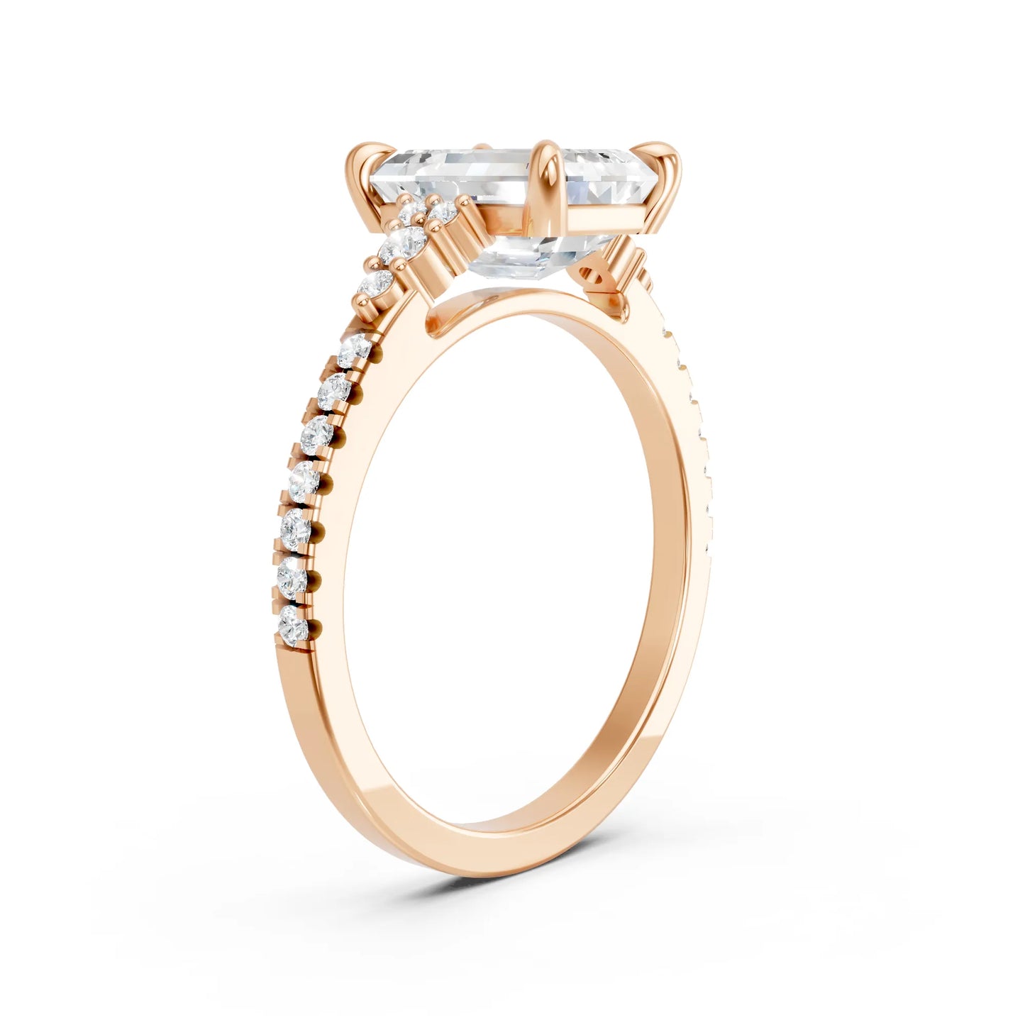 14K Gold Emerald Cut Diamond Side Cluster Cathedral Engagement Ring with Side Accents