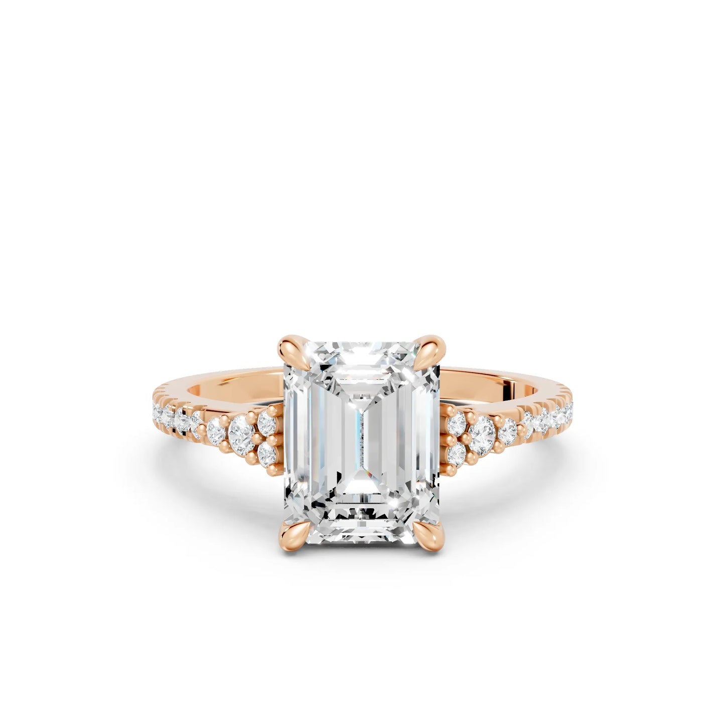 14K Gold Emerald Cut Diamond Side Cluster Cathedral Engagement Ring with Side Accents