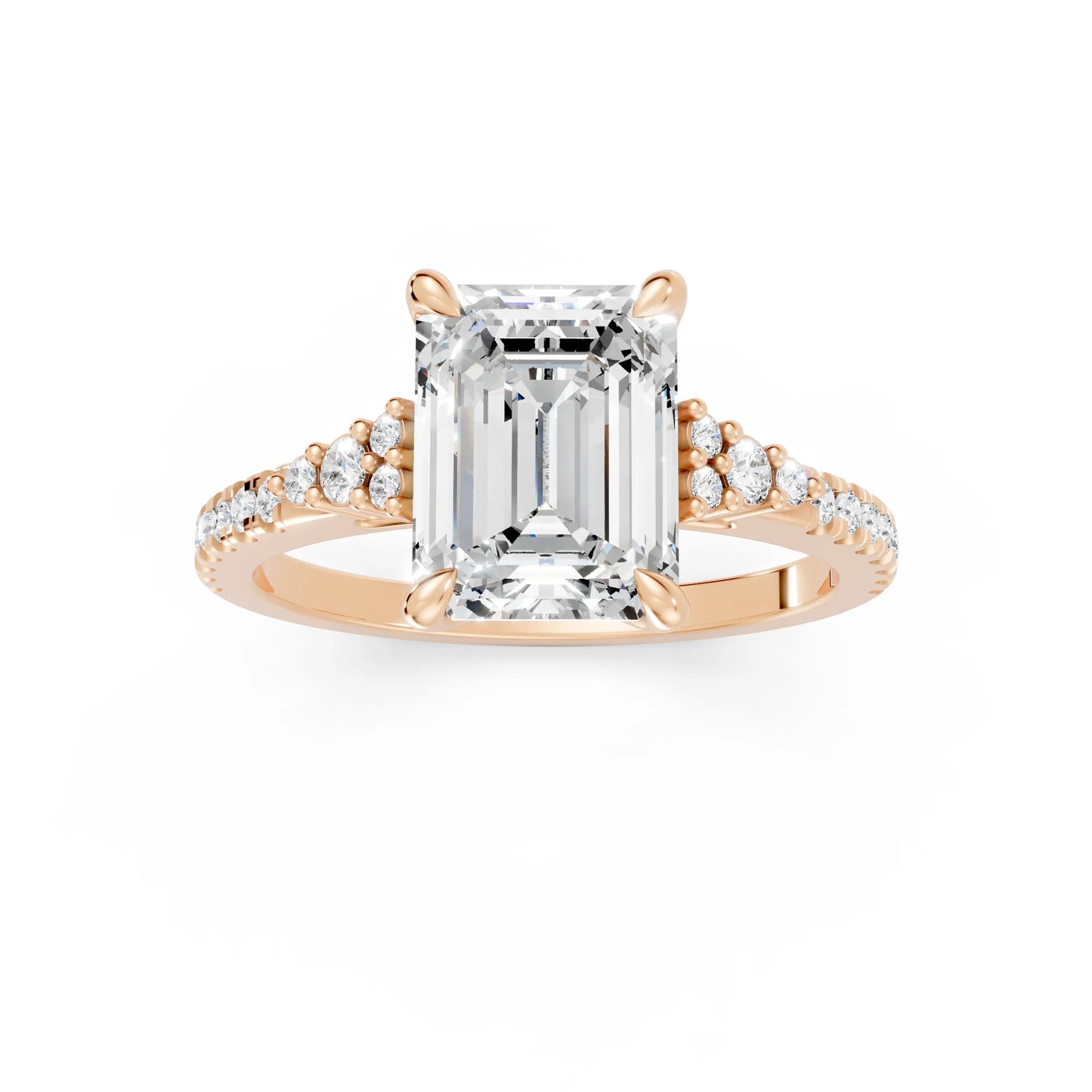 14K Gold Emerald Cut Diamond Side Cluster Cathedral Engagement Ring with Side Accents