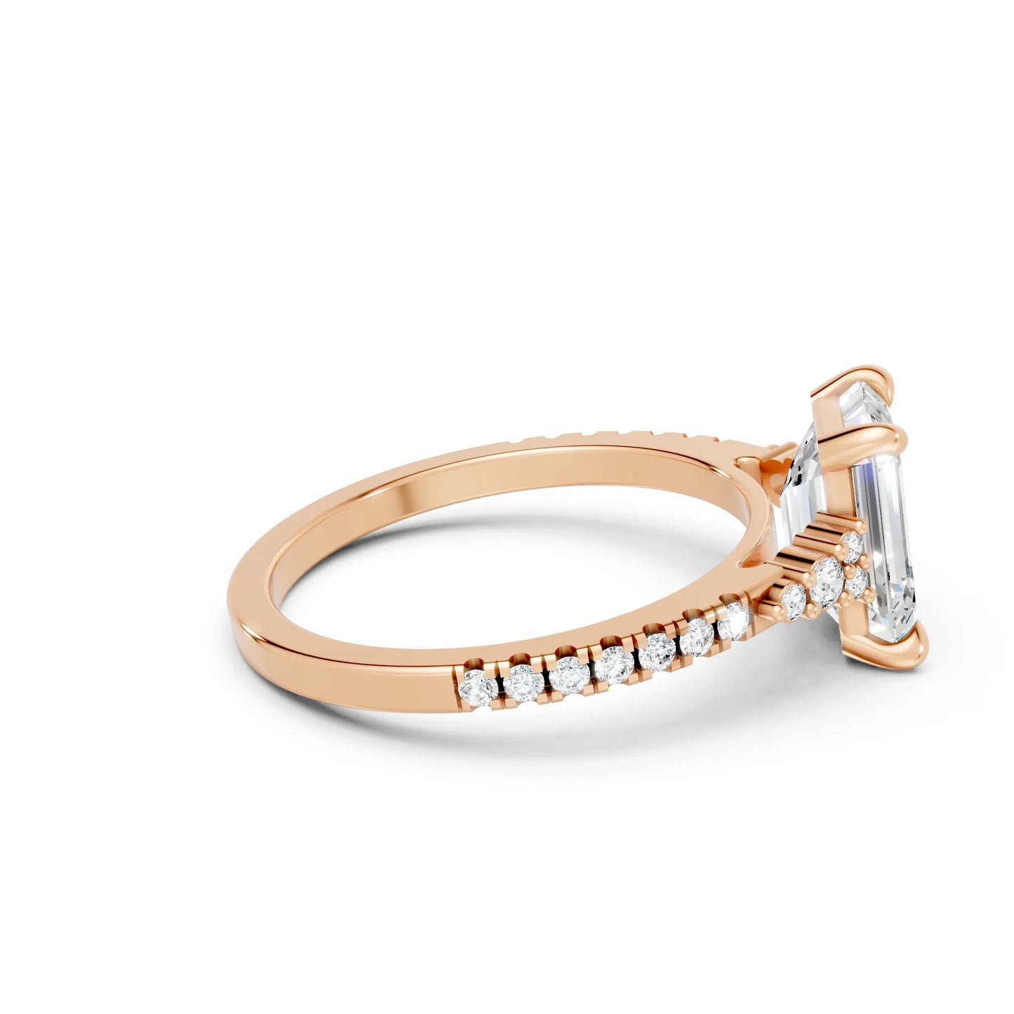 14K Gold Emerald Cut Diamond Side Cluster Cathedral Engagement Ring with Side Accents