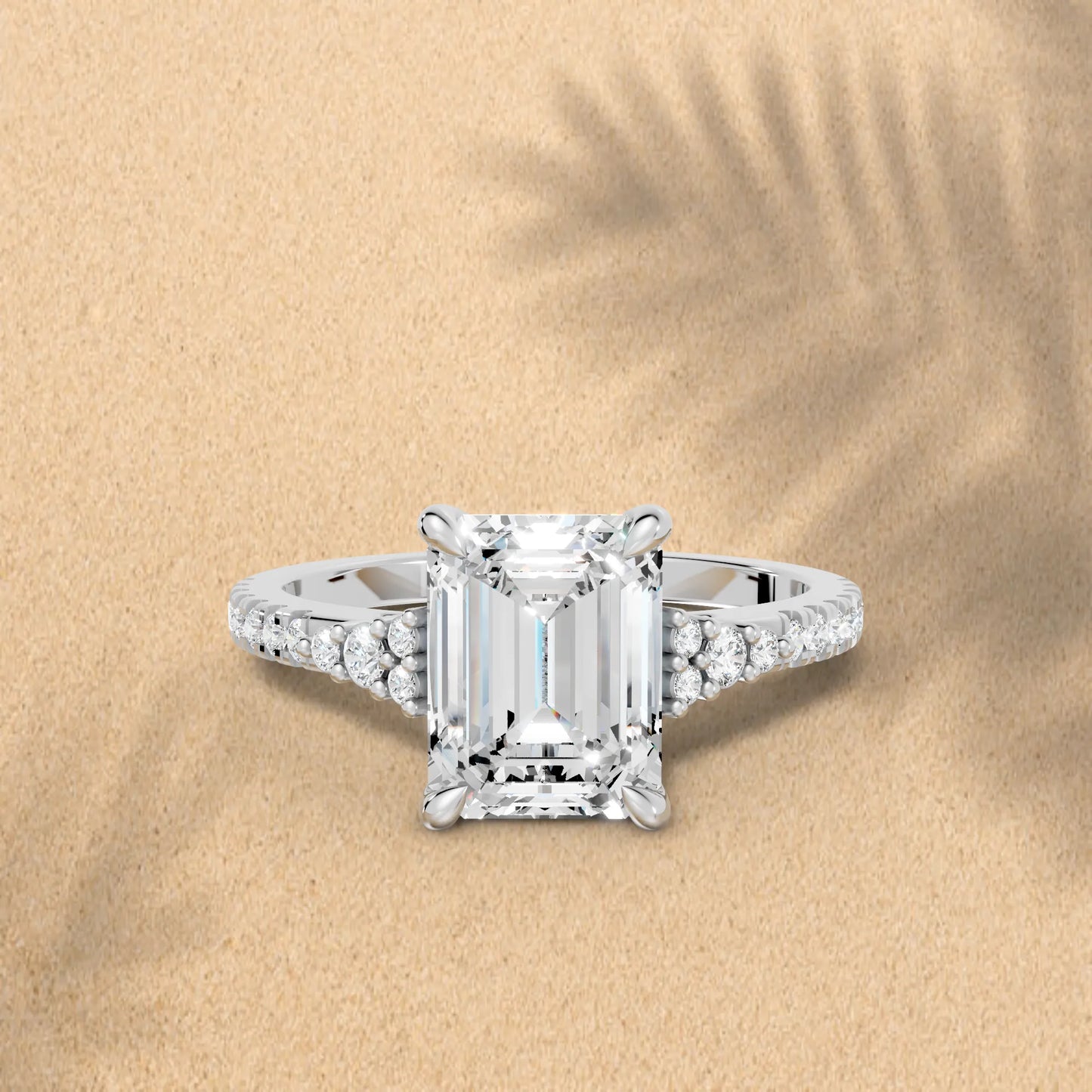 14K Gold Emerald Cut Diamond Side Cluster Cathedral Engagement Ring with Side Accents