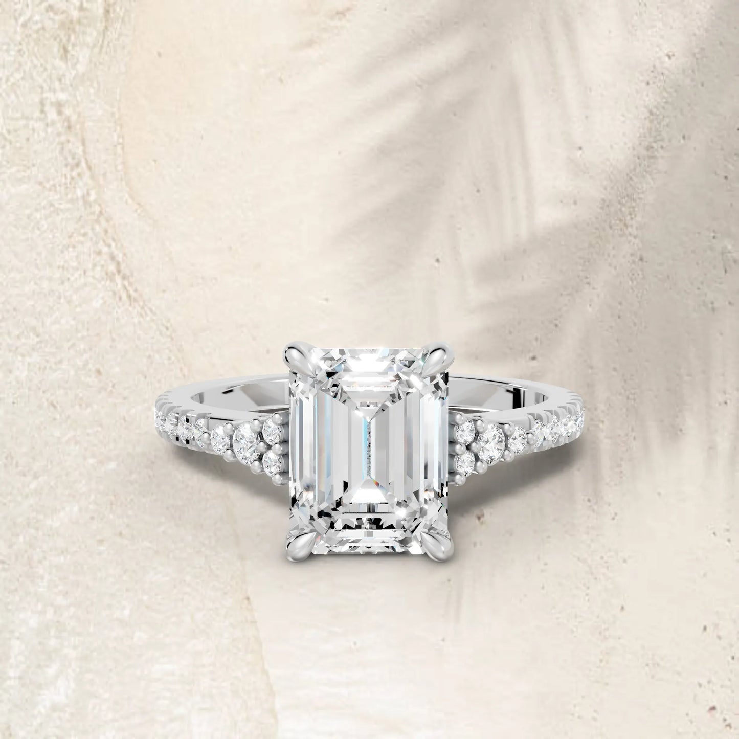 14K Gold Emerald Cut Diamond Side Cluster Cathedral Engagement Ring with Side Accents