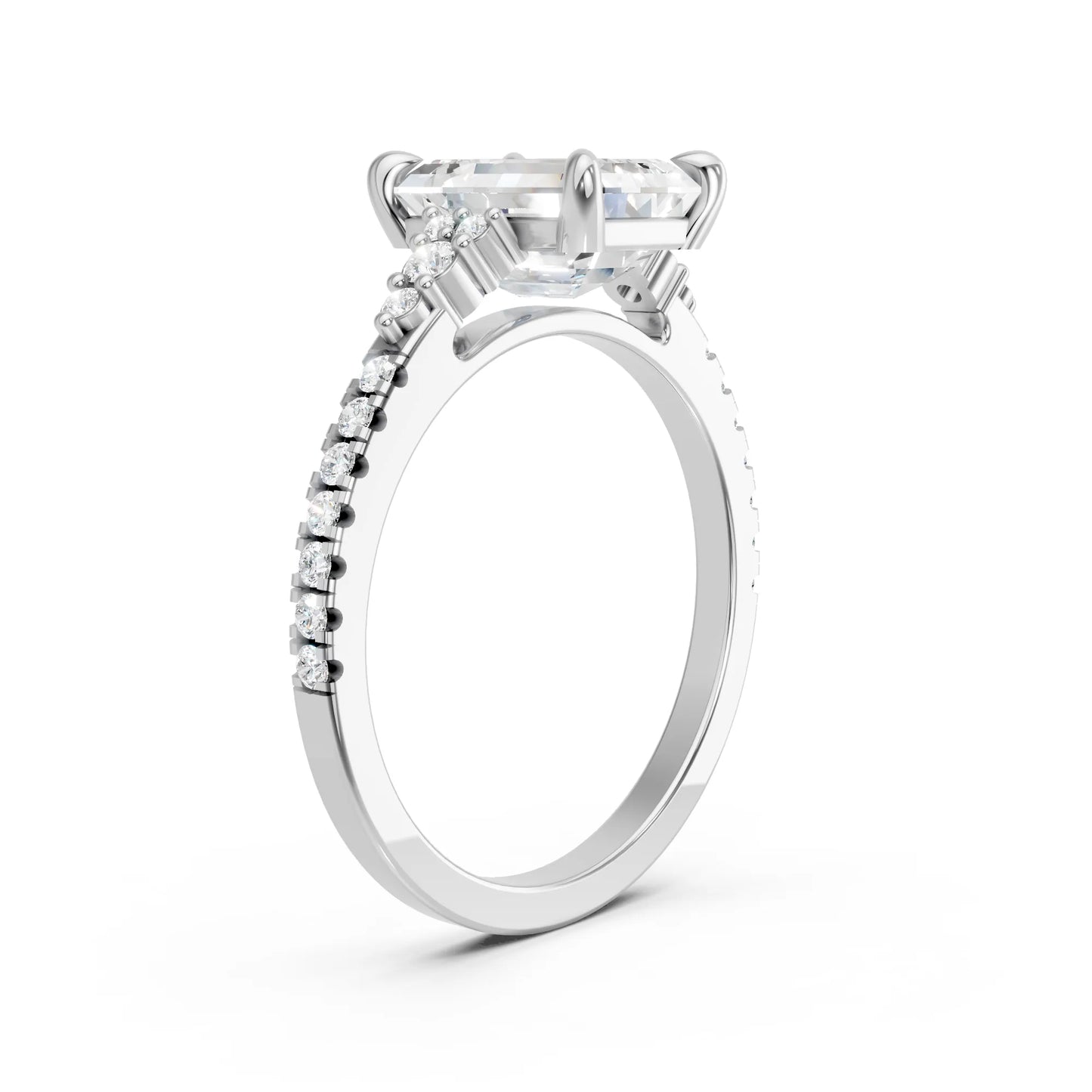14K Gold Emerald Cut Diamond Side Cluster Cathedral Engagement Ring with Side Accents