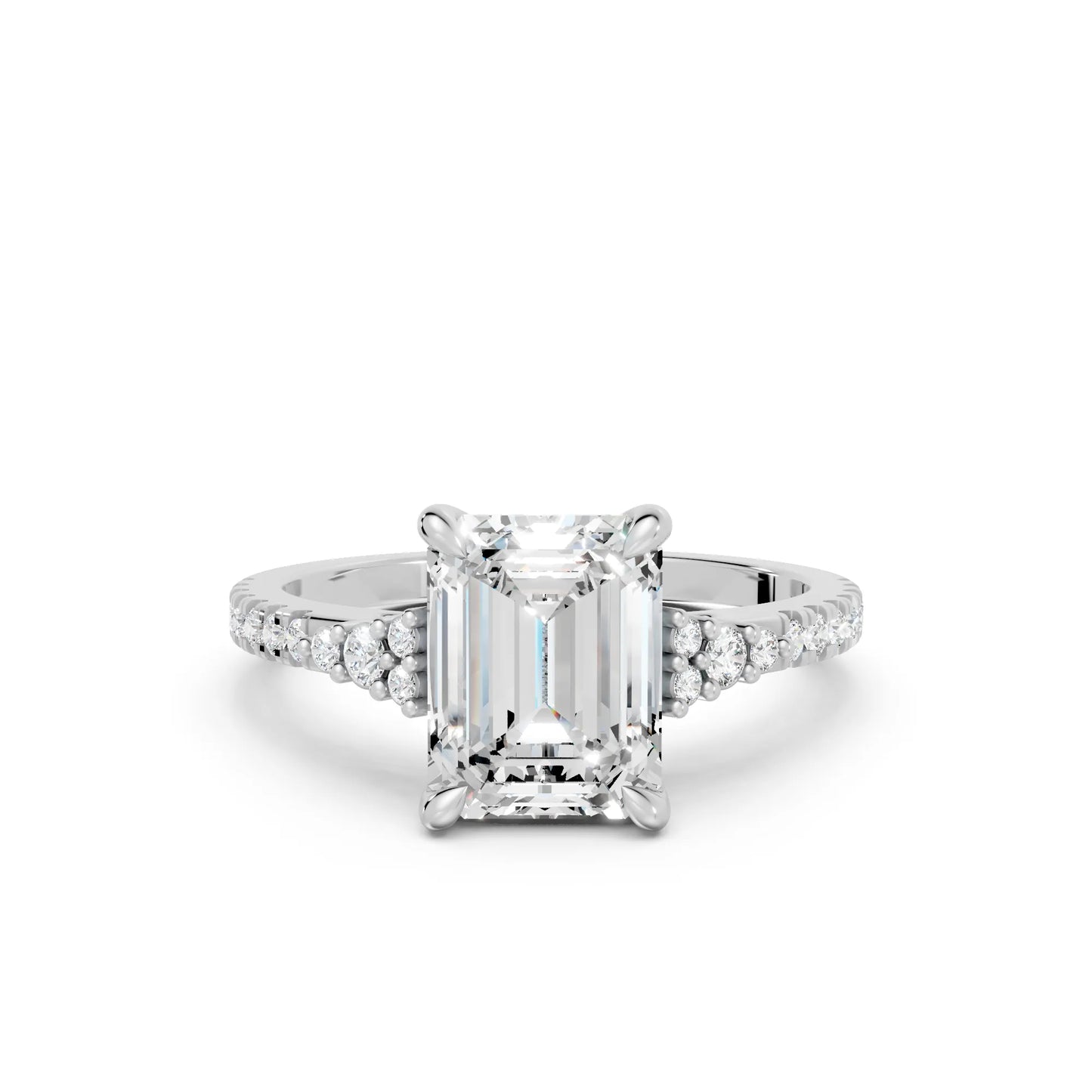 14K Gold Emerald Cut Diamond Side Cluster Cathedral Engagement Ring with Side Accents